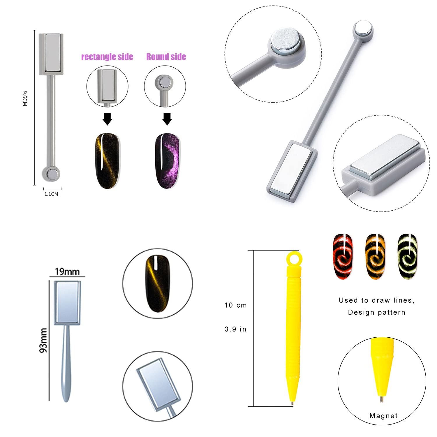 JERCLITY 9-Piece Nail Art Magnet Tool Set - Double Head Flower Design Magnetic Pens, 3D Cat Eye Gel Polish Magnet Sticks for UV Gel Nails, Multi-Function Magnetic Board for Professional Salon & DIY Nail Art at Home