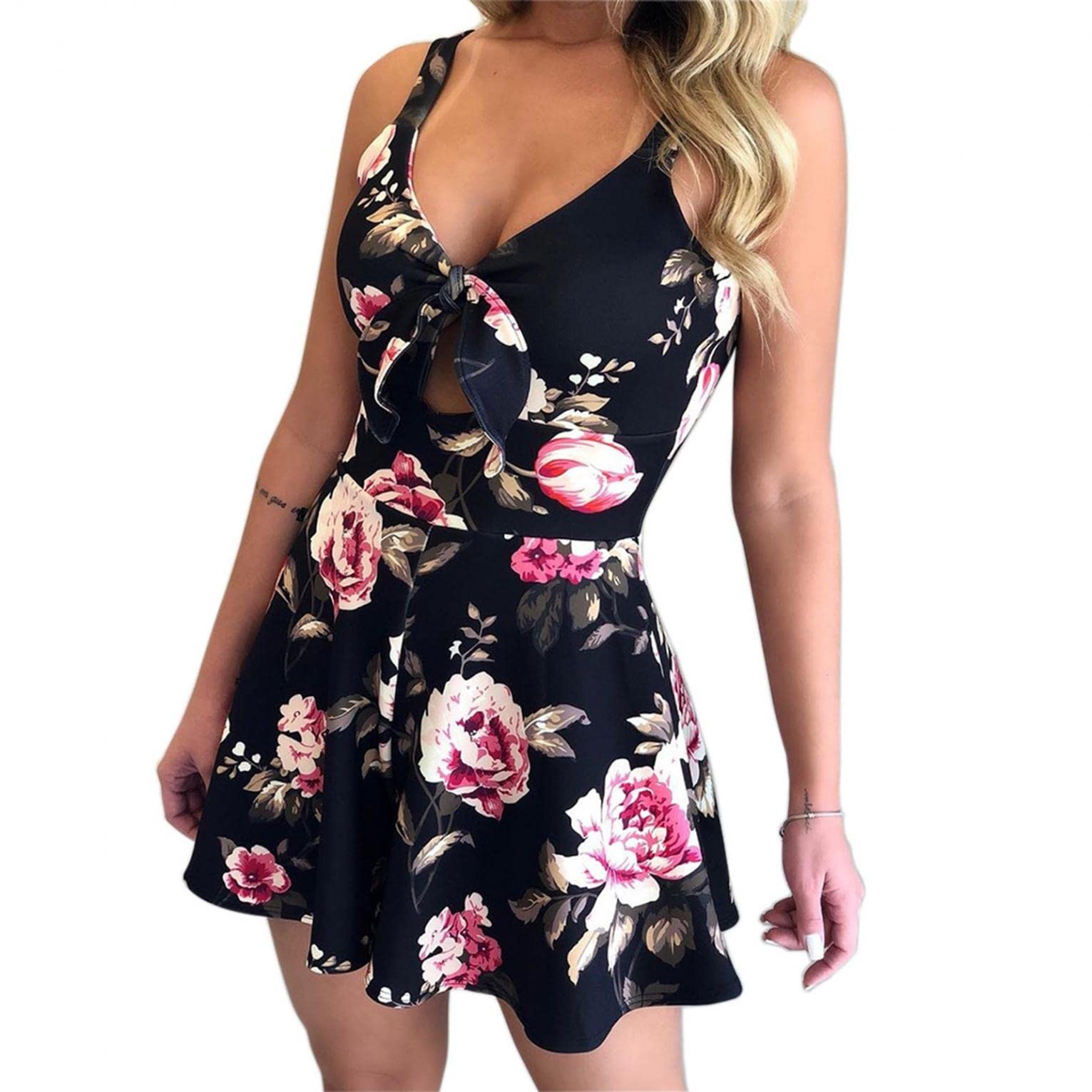 Women's Sleeveless Floral Print Jumpsuit - Casual V-Neck Backless Bandage Romper for Summer Outfits, Beach Wear & Party Dresses