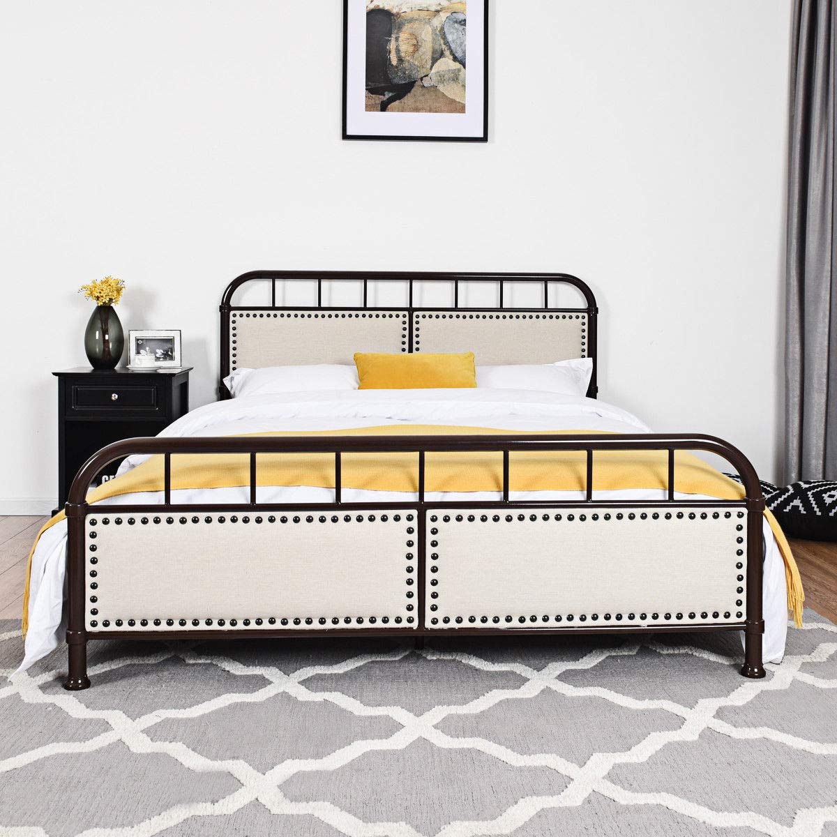 SAFSTAR Heavy Duty Steel Twin/Queen Size Metal Bed Frame with Slat Mattress Foundation, Comfortable Headboard & Footboard - Chocolate Finish | Perfect for Guest Rooms, Dormitories & Small Spaces