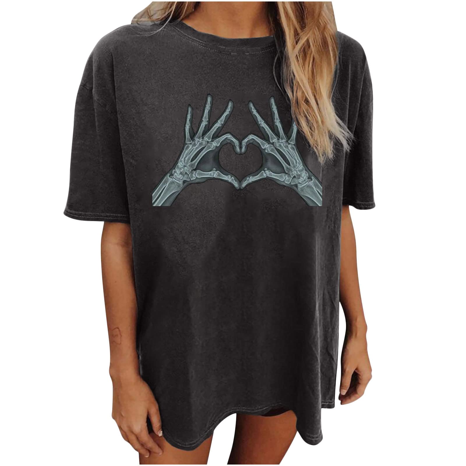 YSLMNOR Women's Skull Print T-Shirt - Trendy Short Sleeve Gothic Top for Halloween, Casual Grunge Aesthetic Outfit | Perfect for Halloween Parties, Concerts, and Alternative Fashion Looks