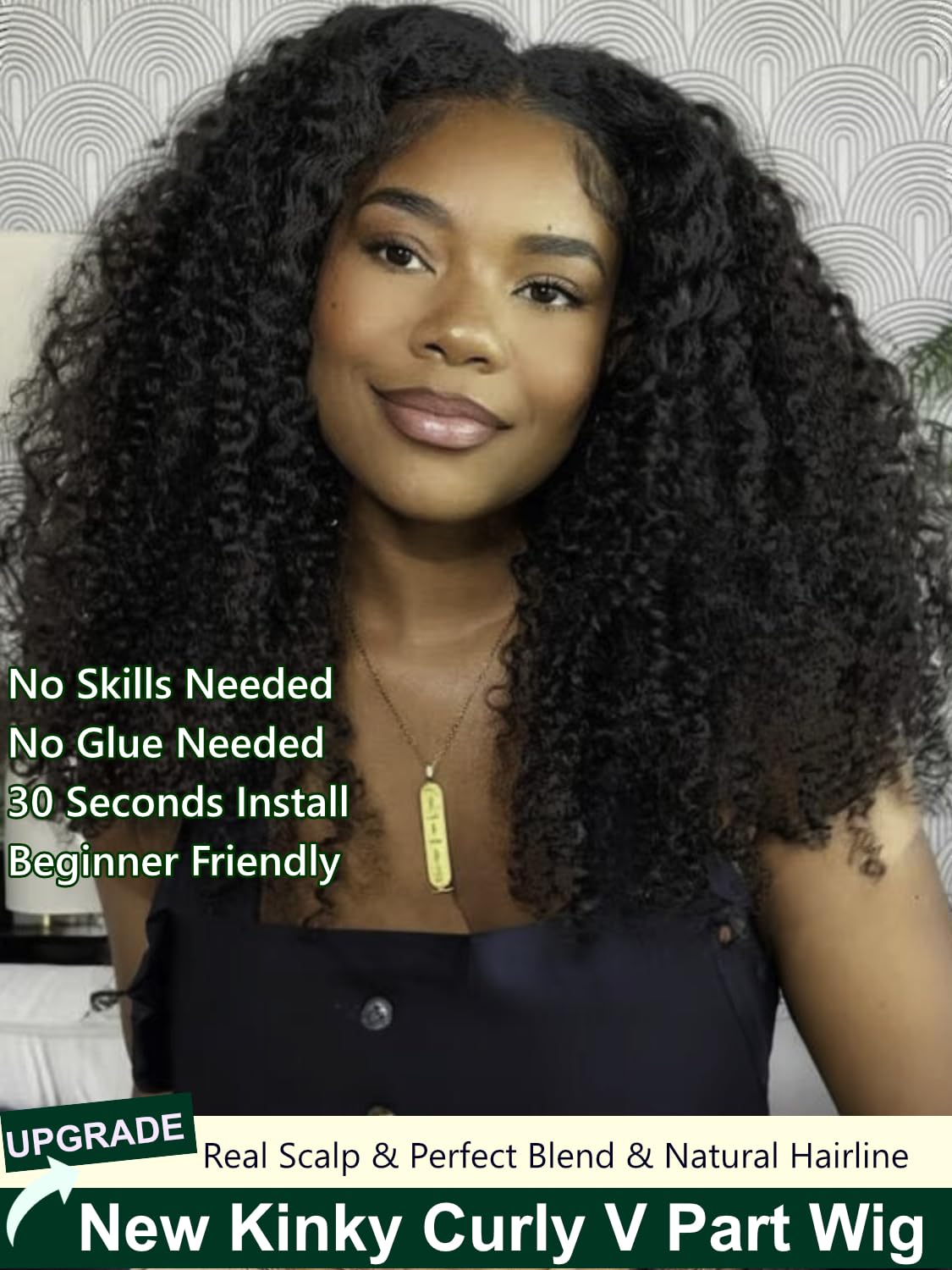 KLAIYI 4C Kinky Curly V Part Human Hair Wig | Glueless No Leave Out U Part Wig | Afro Curly Clip-in Half Wig | 150% Density 22 Inch Natural Black | Beginner Friendly | Perfect for Daily Wear, Special Occasions & Protective Styling