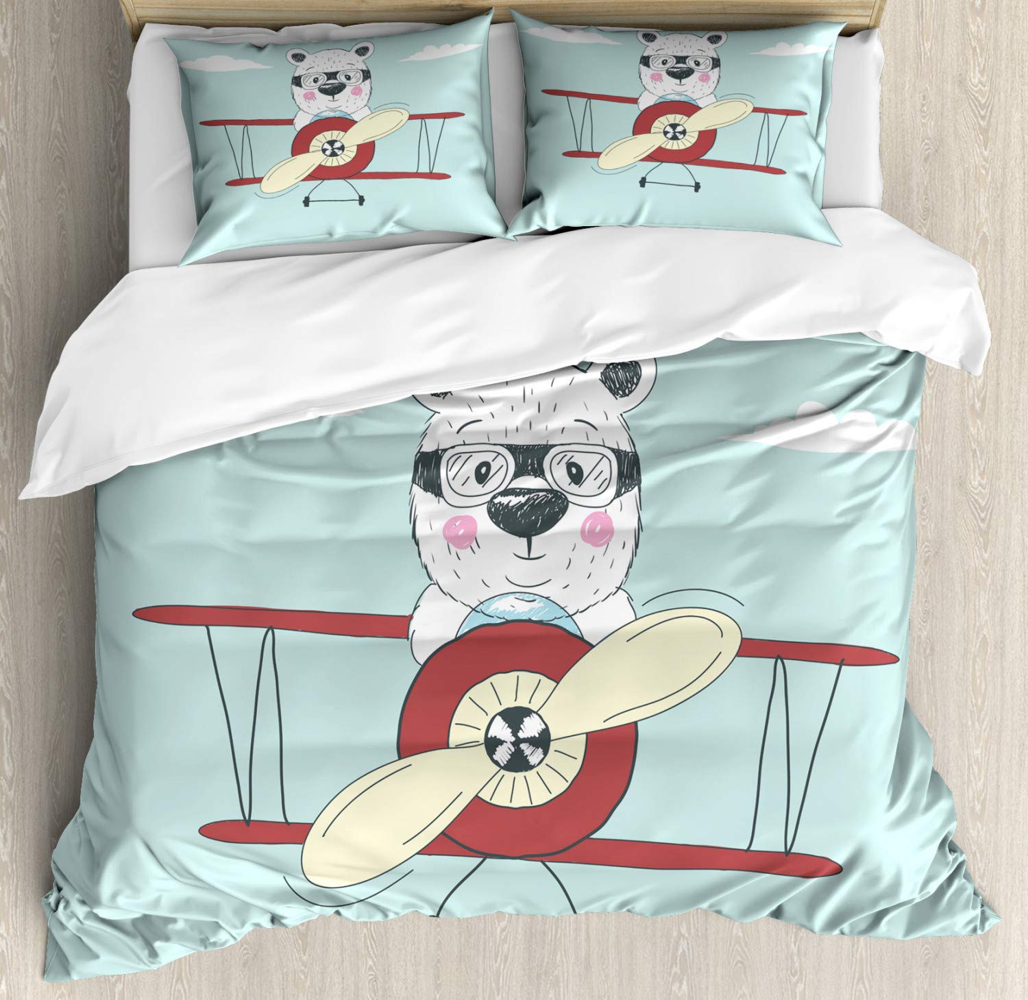 Ambesonne Cartoon Duvet Cover Set - Hand Drawn Pilot Bear Flying Airplane in Sky, Funny Kids Bedding 3-Piece Set with 2 Pillow Shams, California King Size, Pale Blue Cream Ruby - Perfect for Kids' Rooms, Nursery Decor & Whimsical Bedroom Themes
