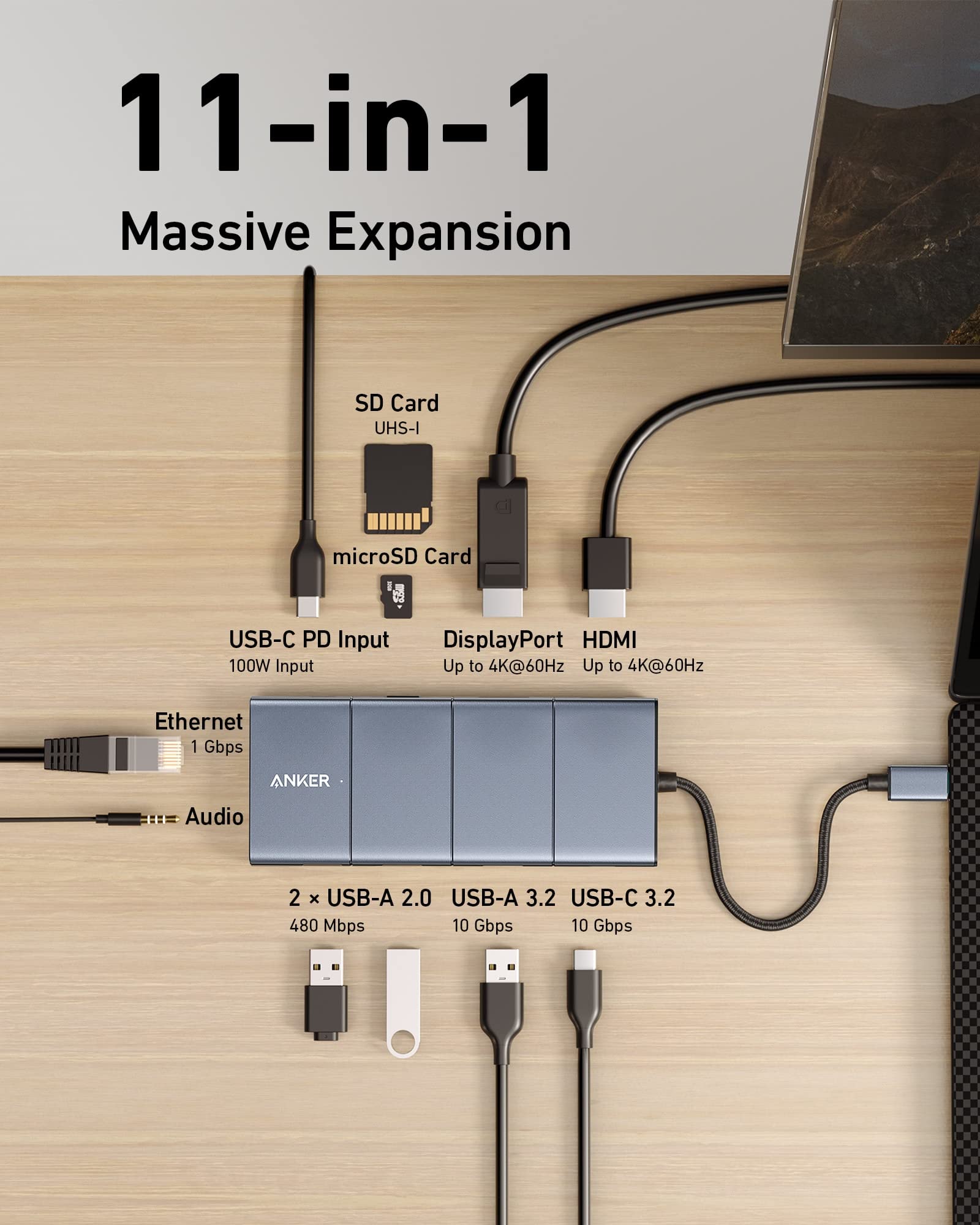 Anker 565 11-in-1 USB C Hub with 10Gbps USB-C/USB-A Ports, 4K HDMI & DisplayPort, 100W PD, Ethernet, SD Card Reader - Compatible with Dell XPS, MacBook, iPad Pro (Perfect for Home Office, Gaming & Travel)