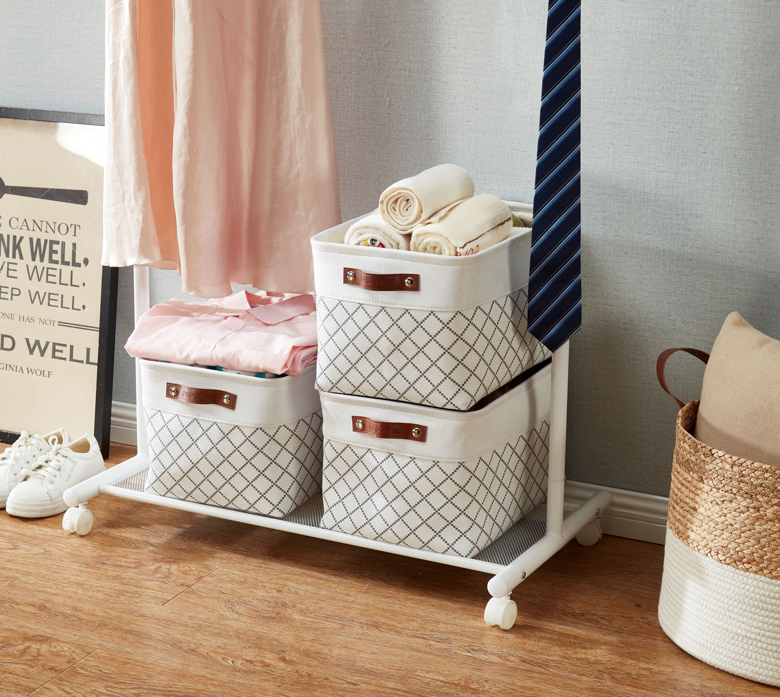DECOMOMO White Fabric Storage Bins - Large 3-Pack Organizing Baskets for Shelves, Closet, Nursery & Toy Storage | Perfect for Home Organization, Baby Room & Playroom (White Check Pattern)