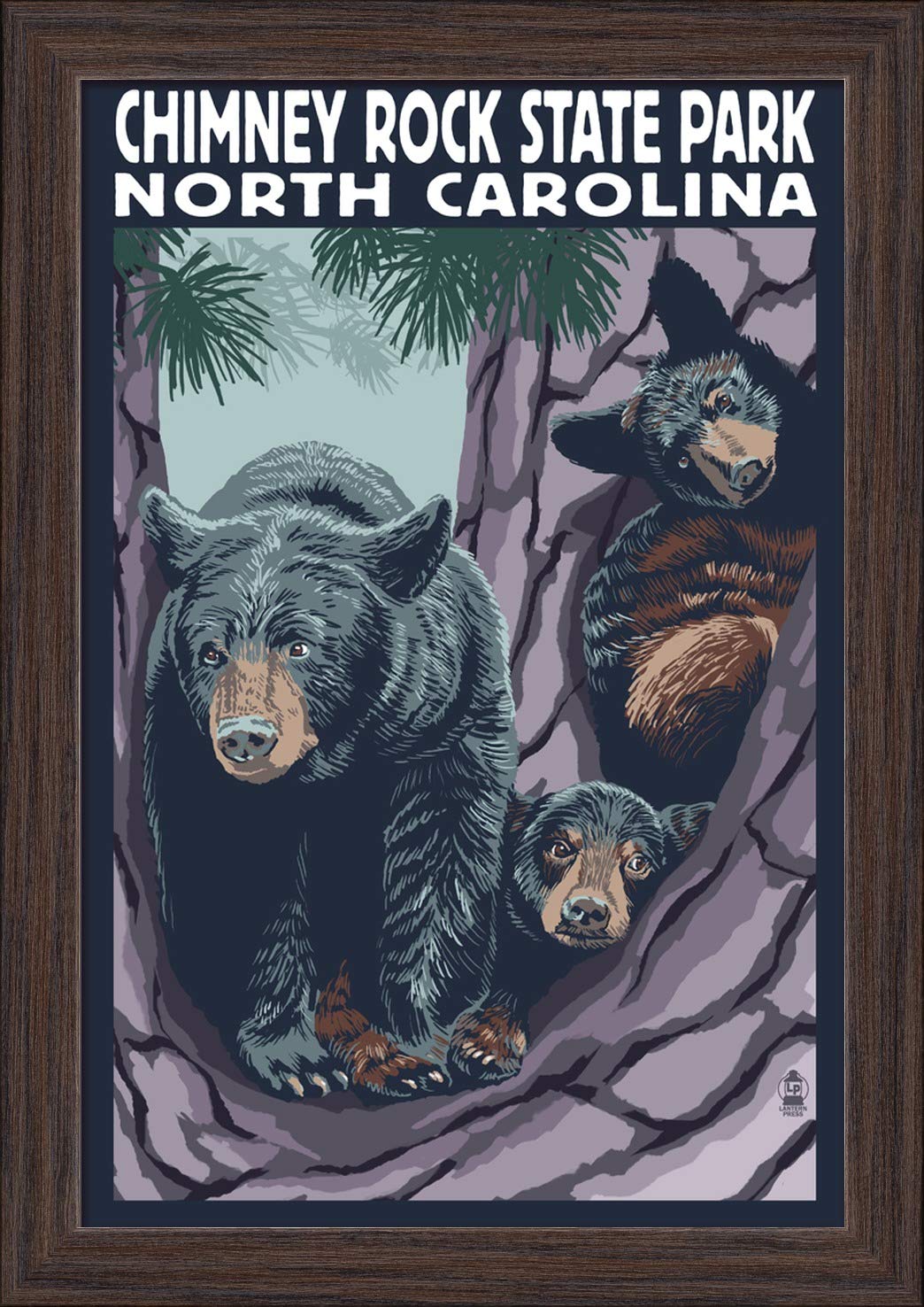 Chimney Rock State Park NC Bear and Cubs 12x18 Giclee Fine Art Print - Recycled Wood Frame in Espresso Brown - Perfect for Living Room, Office, or Nature Lover's Gift