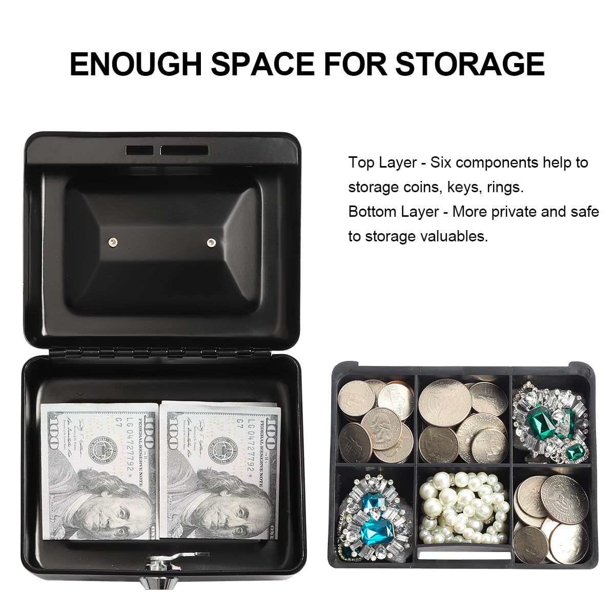 Kasten Small Metal Cash Box with Money Tray - Secure Lock Box for Kids (5.9