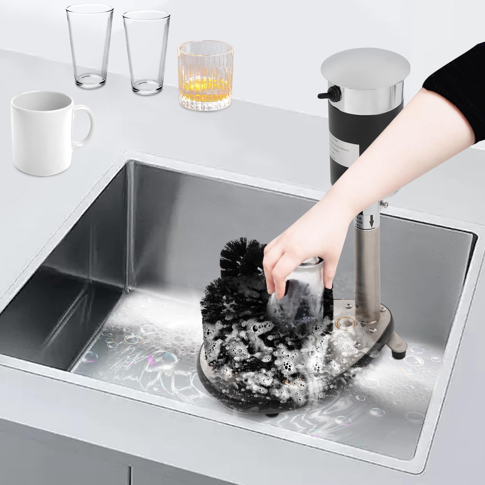 Electric Bar Glass Washer Machine - 5-Brush Commercial Wine Glass Cleaner for Restaurants, Bars & Cafes | Fast Cleaning & Sanitizing | Stainless Steel Design | Perfect for High-Volume Glassware Washing in Hospitality Settings