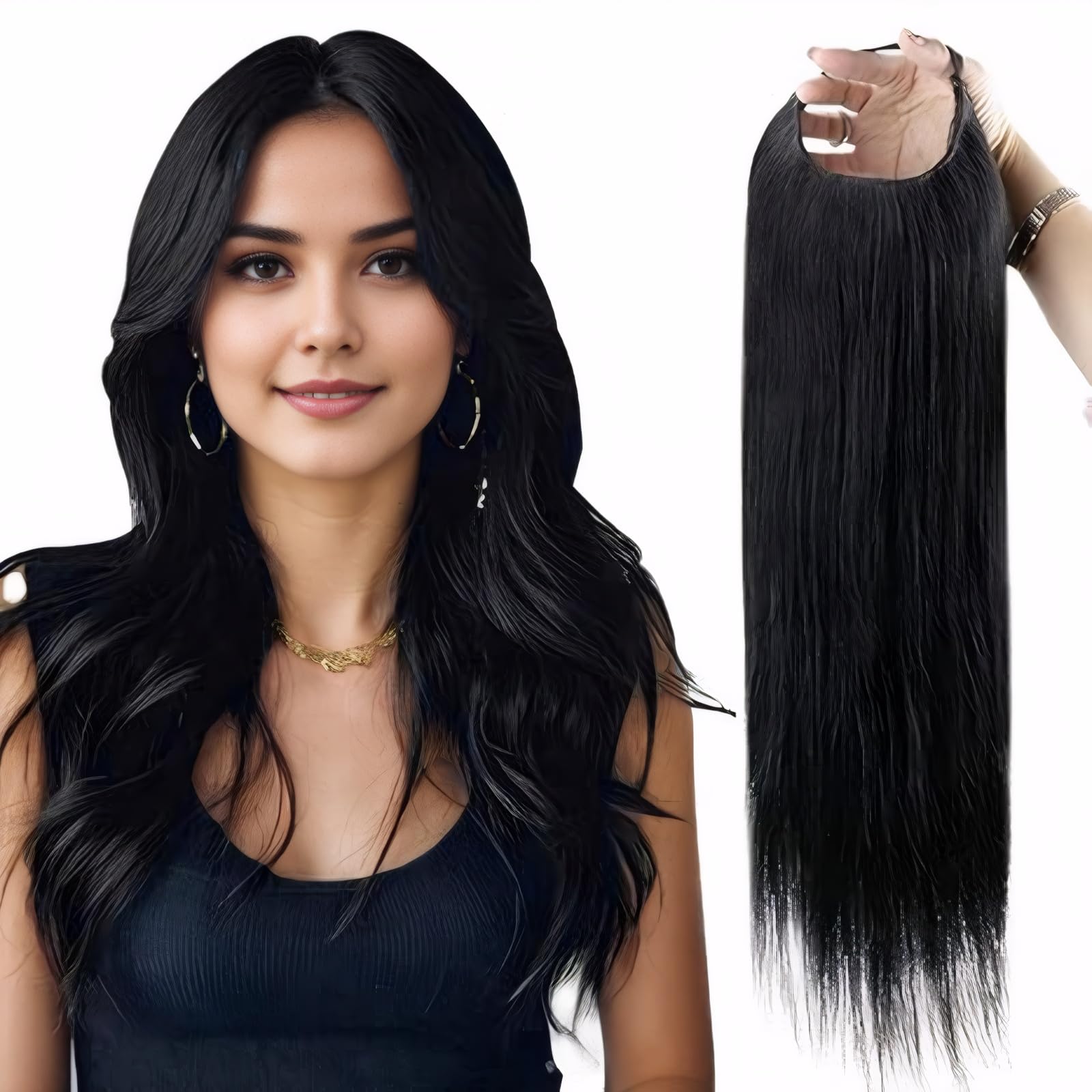 Full Shine U Part Wig Extensions - 18 Inch Silky Straight Remy Human Hair Clip-In Half Wig - Jet Black 150g for Long Hair - Perfect for Daily Wear, Parties & Special Occasions