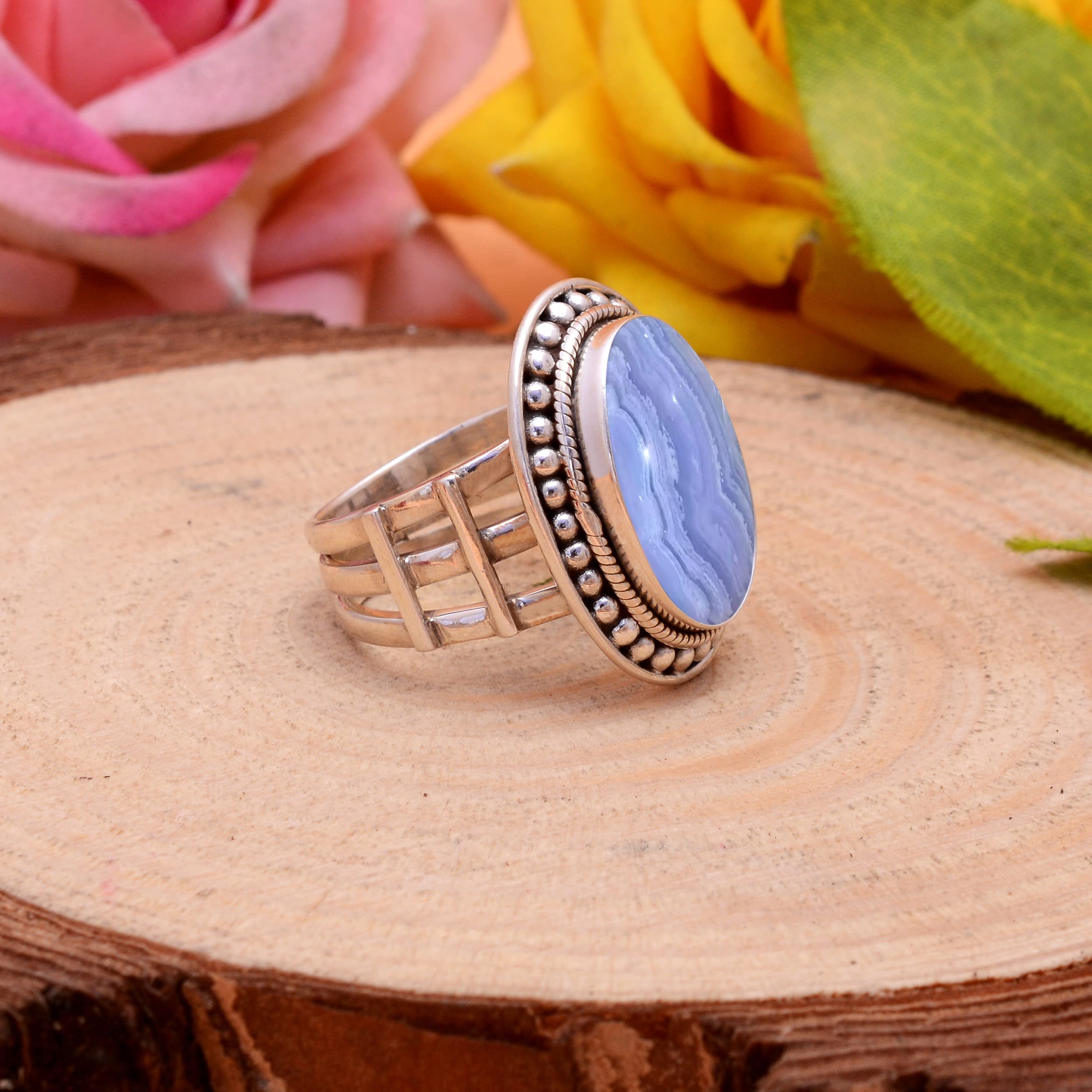 Veracity Jewelry Blue Lace Agate Ring for Women - 925 Sterling Silver Healing Meditation Ring with Natural Blue White Gemstone - Elegant Designer Jewelry Gift for Meditation, Yoga & Spiritual Healing (VSR-32)