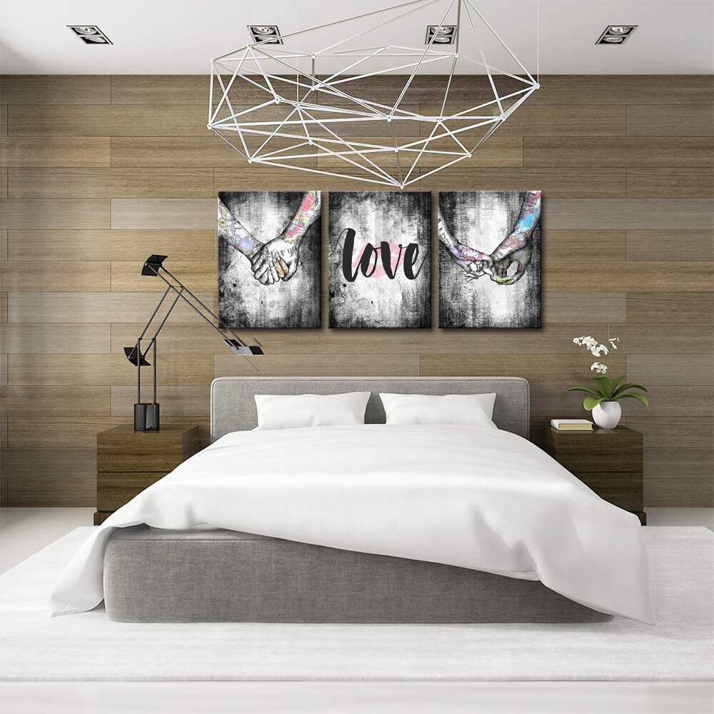 AMEMNY Black and White Wall Art - Love Hand in Hand Graffiti Painting Canvas Print, Modern Pop Art Poster for Bedroom & Living Room Decor - Framed Ready to Hang - Perfect for Couples' Home & Romantic Gift Ideas
