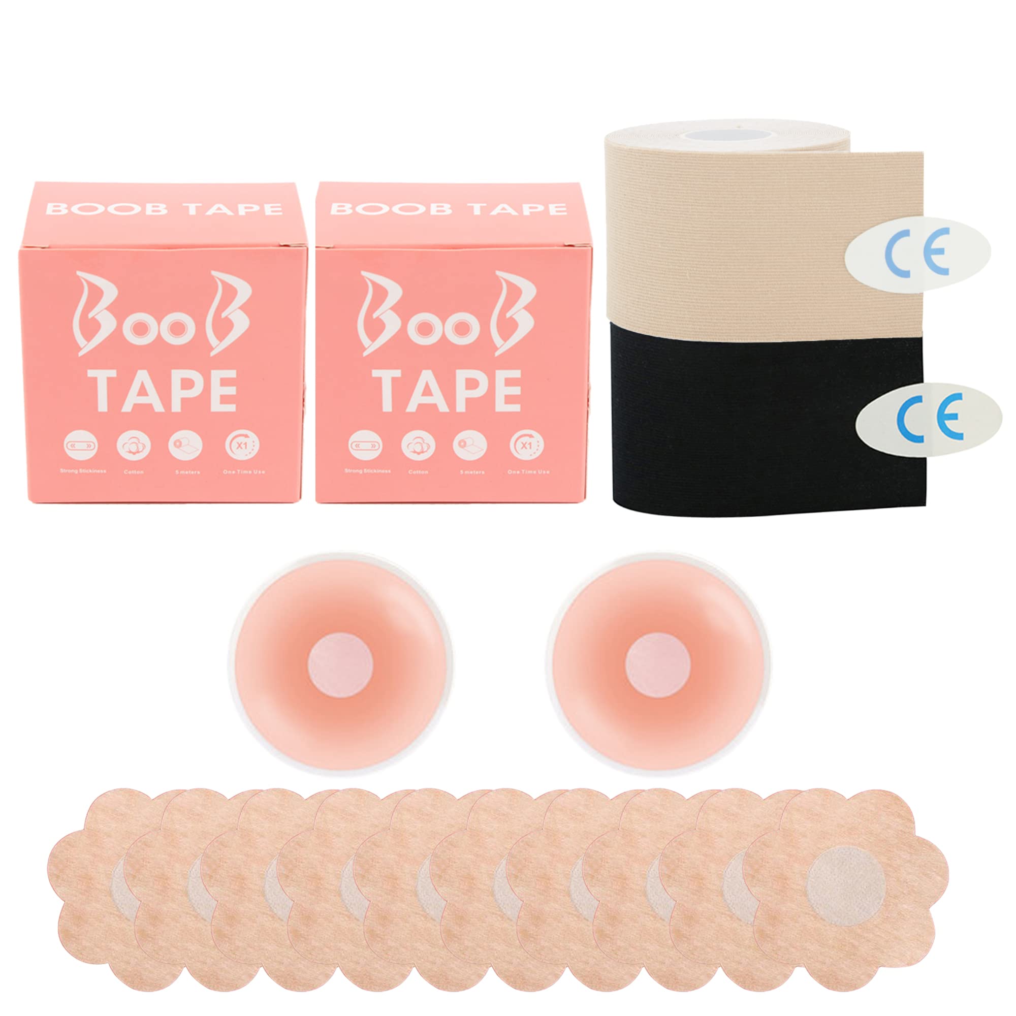 Breast Support Tape - 2 Rolls (Light Beige & Black) with 10 Petals & 2 Silicone Covers | Breathable Boob Tape for Lifting & Shaping | Perfect for Backless Dresses, Swimsuits & Strapless Outfits