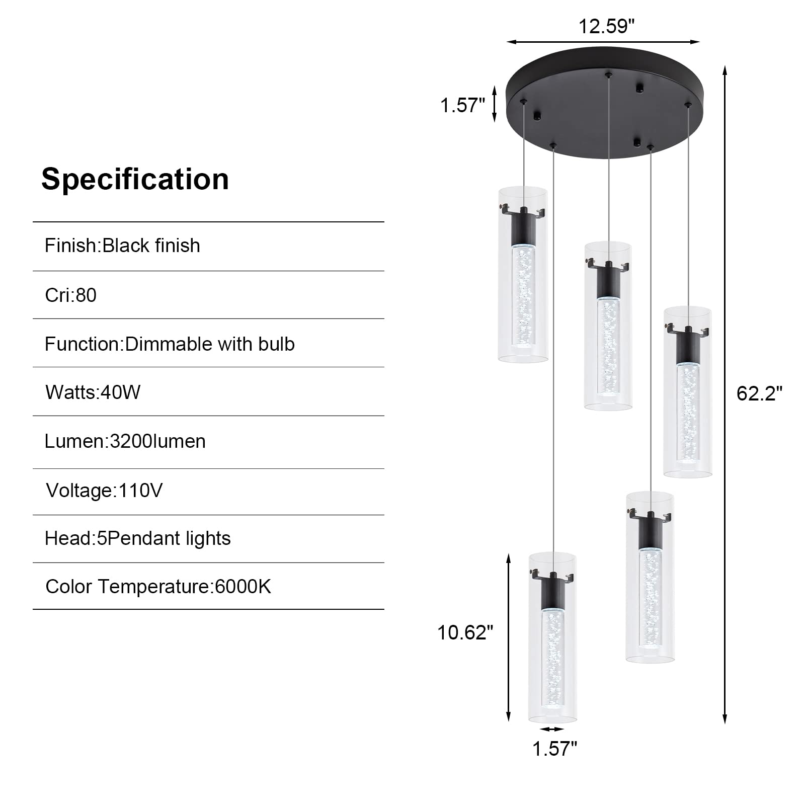 5-Light Black LED Pendant Lighting for Kitchen Island - Modern Hanging Lights for Dining Room, Living Room, Bar & Restaurant Decor - Perfect for Home, Cafe and Commercial Spaces