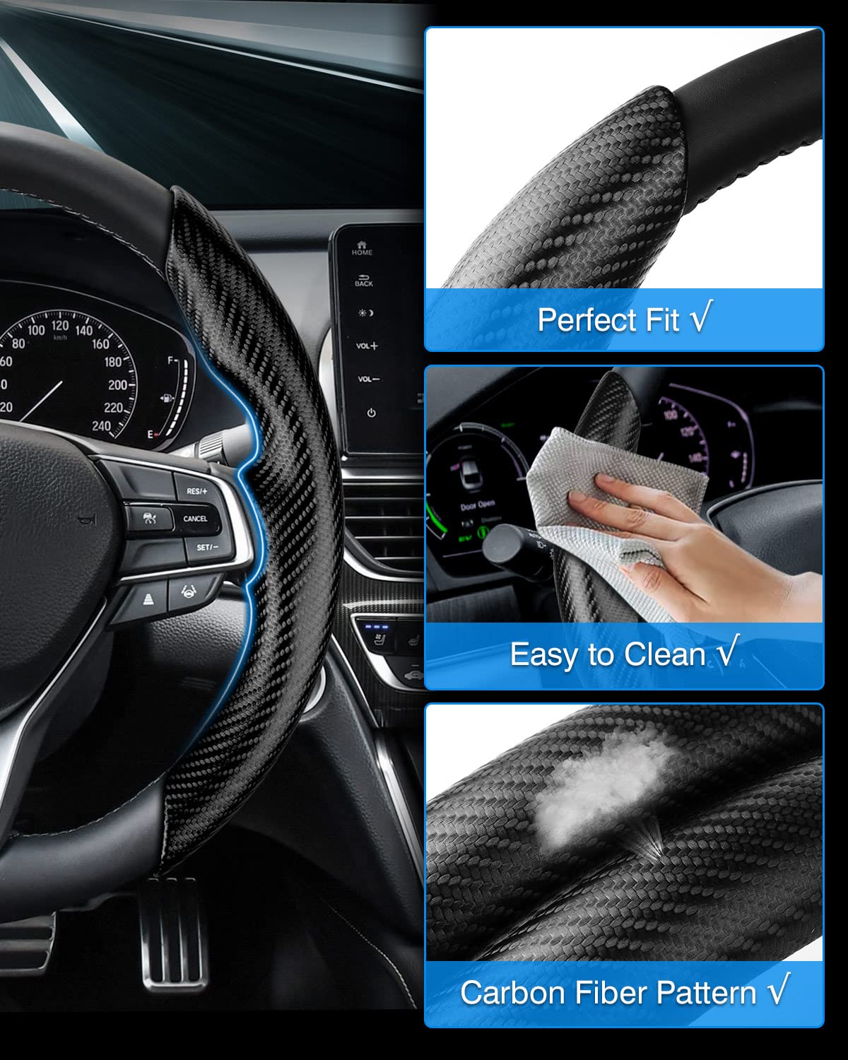 **Honda Accord Steering Wheel Cover 2018-2025 | Carbon Fiber Non-Slip Grip | Comfortable & Durable | 2PCS Black | Perfect for Daily Commute & Long Drives**