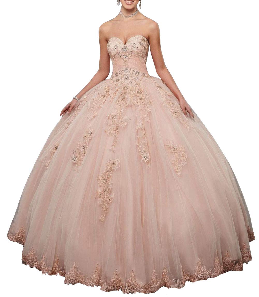 Emmani Women's Sweetheart Quinceanera Dresses with Lace Appliques - Elegant Princess Prom Party Gowns in Blush Pink for Quinceañera, Prom, Wedding & Special Occasions