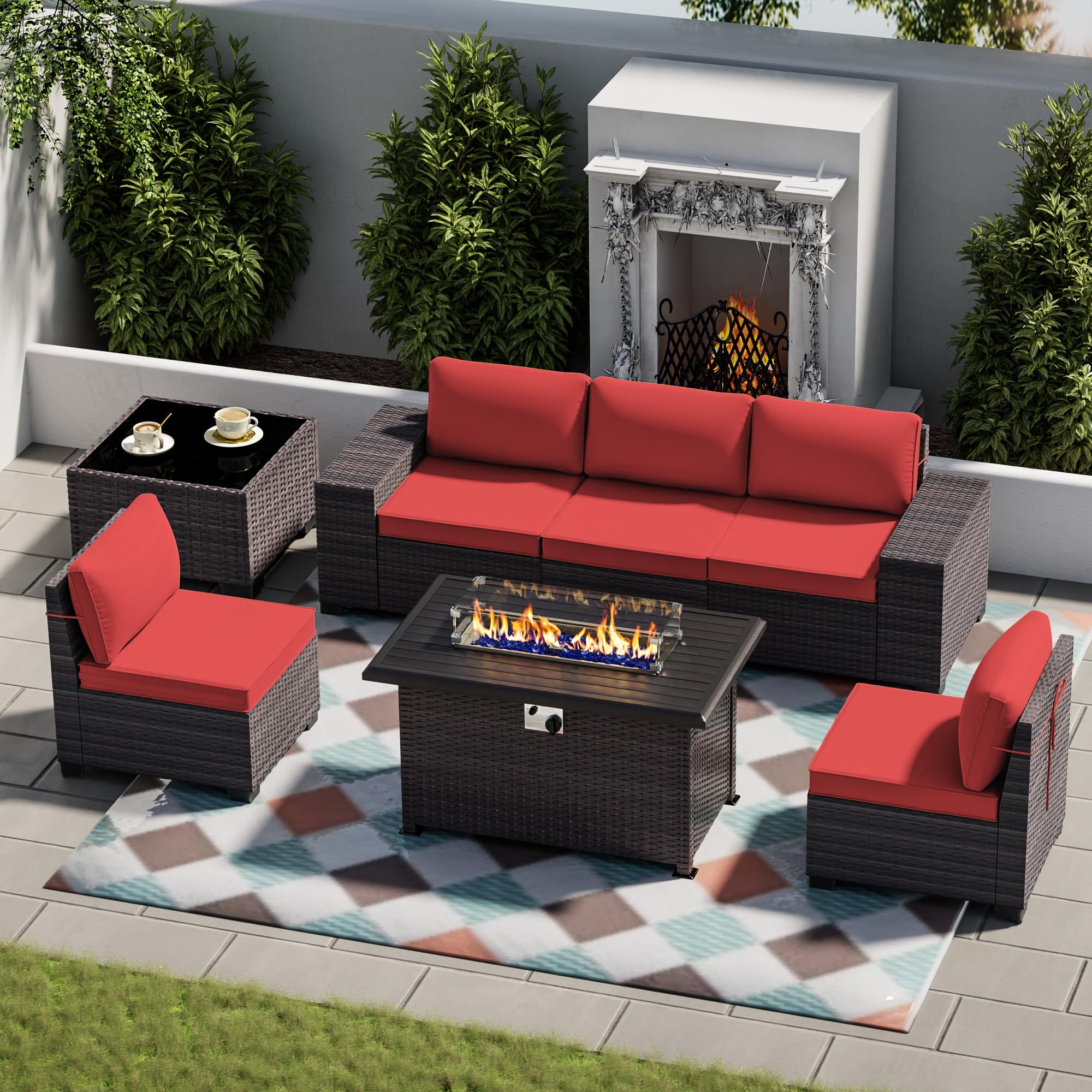 7-Piece Outdoor Patio Furniture Set with Propane Fire Pit - High Back PE Wicker Rattan Sofa Conversation Set - Sectional Patio Furniture with Tempered Glass Table & Gas Fire Pit (Red) - Perfect for Backyard, Garden, Poolside & Outdoor Entertaining