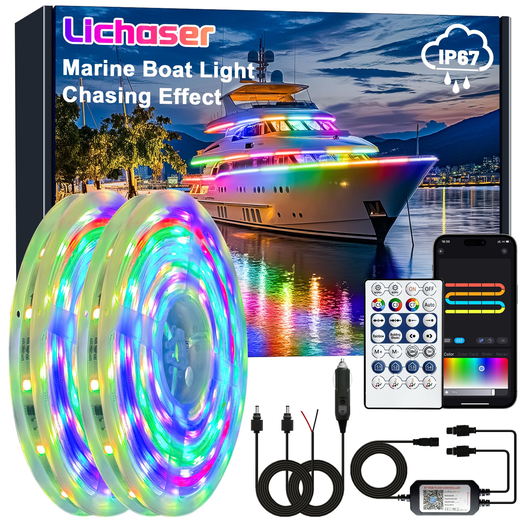 RGB+IC Marine LED Strip Lights for Boats - 12V Waterproof Boat Lighting with Remote & App Control, Perfect for Pontoon, Jon Boat, Bass Boat, RV, Camper (33ft) | Enhance Night Cruising & Party Atmosphere