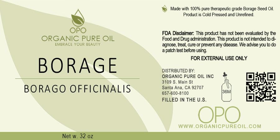 Organic OPO Borage Seed Oil - 32 oz Pure Unrefined Non-GMO Cold Pressed Oil | High GLA Content Natural Carrier Oil for Skin, Hair & Nails | Moisturizer for Body, DIY Soaps & Cosmetics | Virgin Vegan Liquid Borago Oil for Dry Skin Care & Aromatherapy Blends
