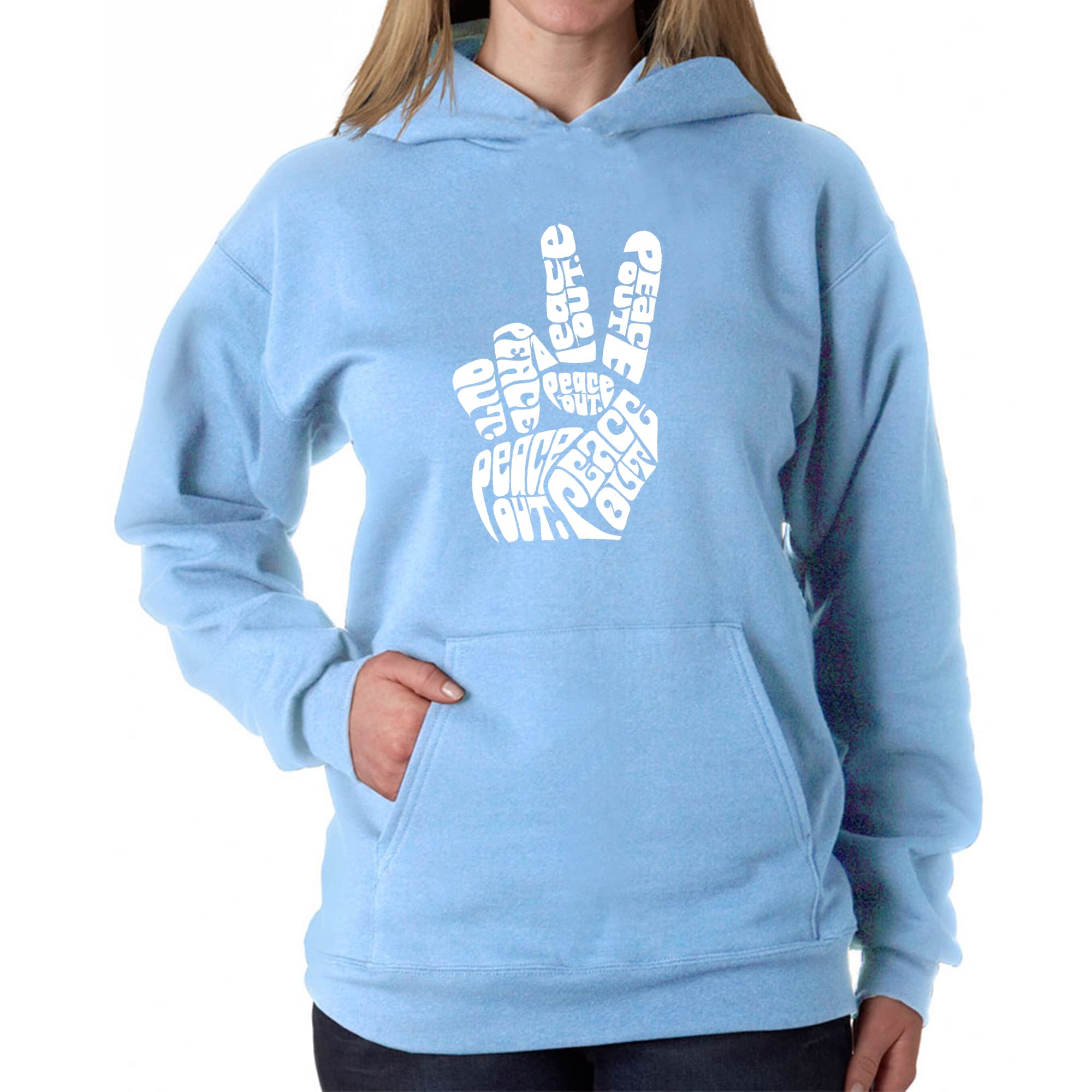 LA POP ART Women's Word Art Hooded Sweatshirt - Peace Out | Trendy Graphic Pullover for Casual Wear & Street Style | Perfect for Everyday Outfits, Lounge Wear & Festival Fashion