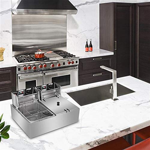 12L Commercial Stainless Steel Electric Deep Fryer - Dual Cylinder for Chicken, Chips, Fries - Includes Basket & Scoop - Perfect for Restaurants, Food Trucks & Home Cooking