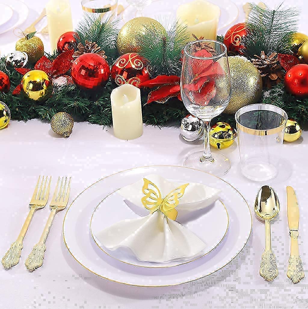 Premium Gold Plastic Plates & Silverware Set - 7.5inch & 10.25inch Nervure 100CPS Plates with 300CPS Gold Plastic Cutlery - Elegant Disposable Tableware for Parties, Weddings, and Special Events