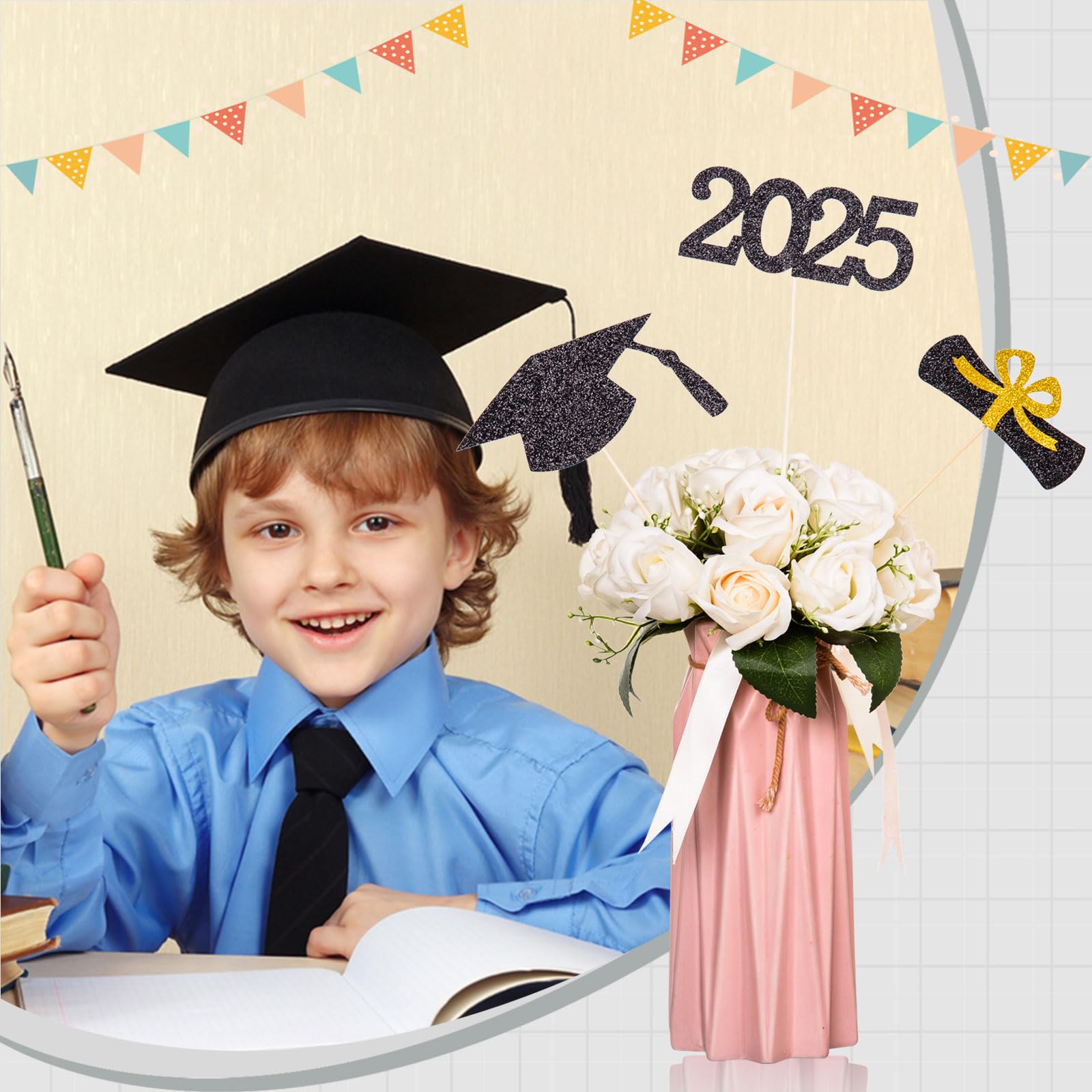 12-Piece Glitter Graduation Centerpiece Sticks - Class of 2025 Cake Toppers & Floral Picks for High School & College Graduation Parties (Black) | Perfect for Graduation Decorations, Table Centerpieces, and Photo Backdrops