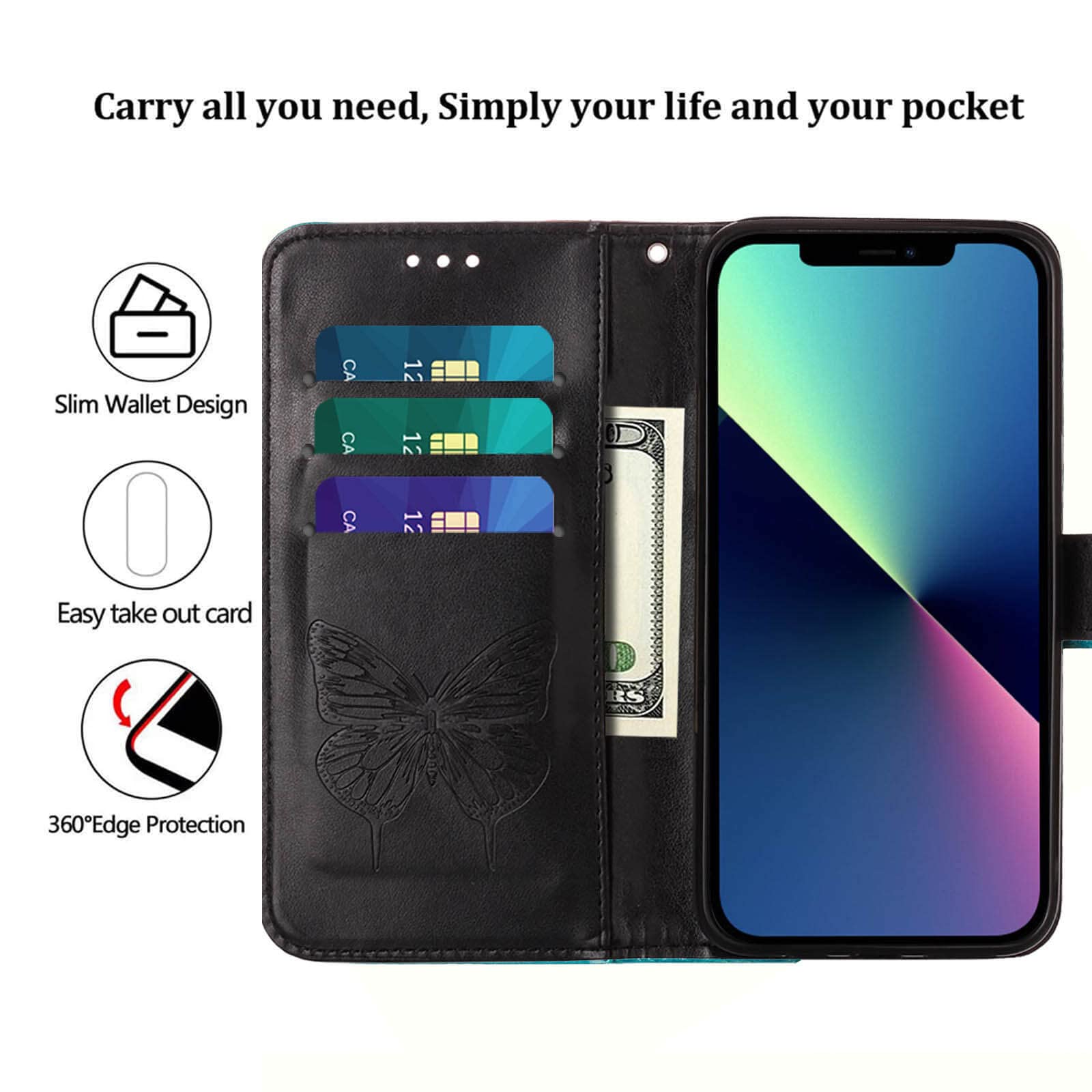 Butterfly Floral Embossed Leather Wallet Case for iPhone 13/14 - Protective Flip Cover with Wrist Strap, Card Holder Slots & Stand Feature (Black) | Perfect for Everyday Use, Travel & Hands-Free Viewing