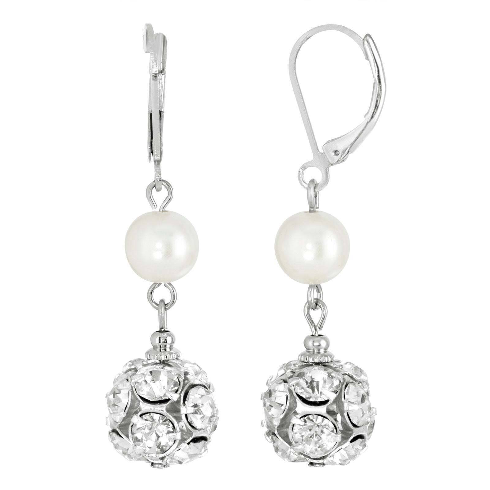 1928 Jewelry Crystal Clear Fireball White Faux Pearl Drop Earrings for Women - Elegant Dangle Earrings for Wedding, Party & Special Occasions