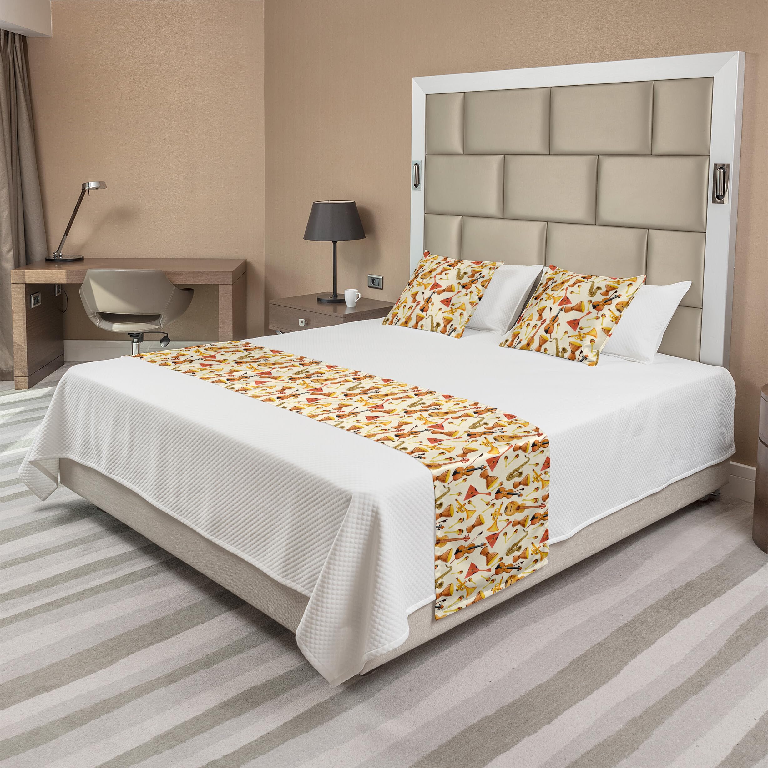 Ambesonne Jazz Music Bed Runner Set with Horn Drum Guitar & Fiddlestick Folk Instruments - Decorative Bedding Scarf & 2 Pillow Shams for Hotels, Homes - Multicolor | Perfect for Music Lovers' Bedrooms, Jazz Themed Guest Rooms & Bohemian Home Decor