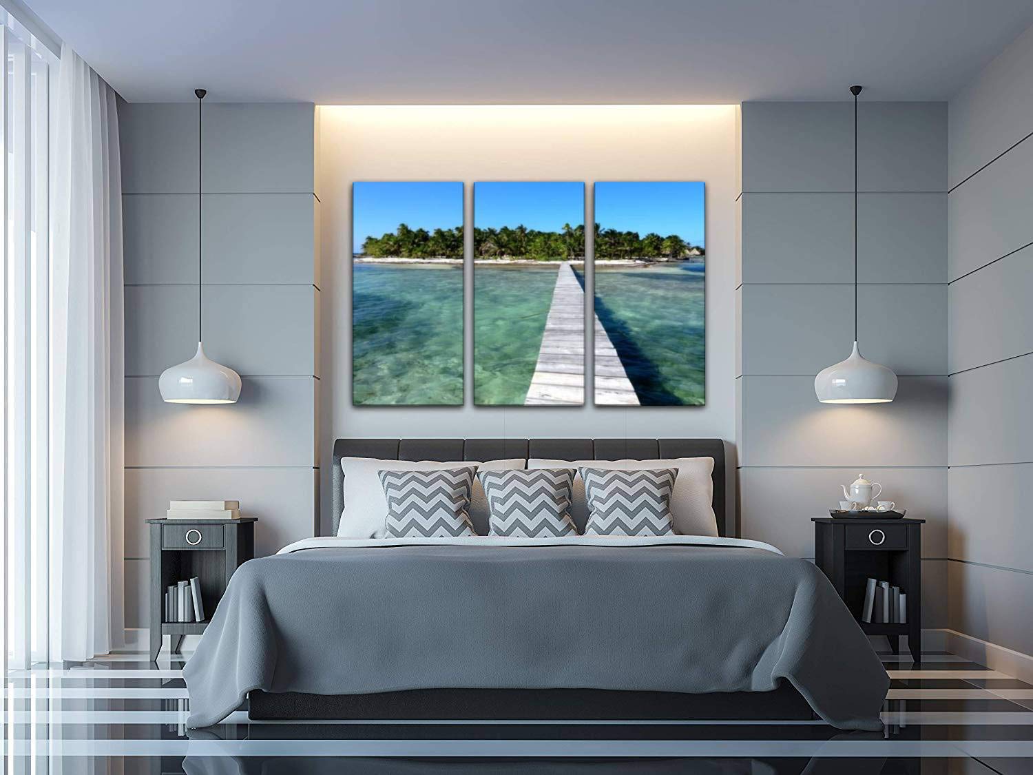 Belize Island Paradise Blue Tropical Seascape Canvas Wall Art - 3 Panel Beach Painting for Living Room & Bedroom Decor - Ocean Themed Home Wall Decor Posters | Perfect for Coastal, Boho & Vacation Style Interiors