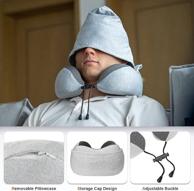 Jukmen Memory Foam Travel Pillow for Neck Support - Hooded & Comfortable Neck Pillow for Adults - Perfect for Airplane, Car, Train Travel - Flight Pillow with Hoodie for Long Trips & Relaxation