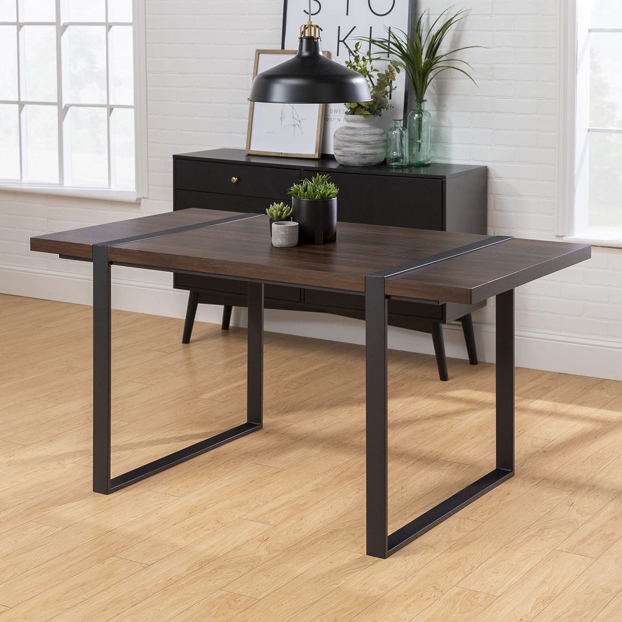 Walker Edison 6-Person Industrial Dining Table Set with Metal Wood Chairs - 60 Inch Rectangle Kitchen Table in Dark Walnut - Perfect for Modern Farmhouse, Industrial Style Dining Rooms & Open Concept Kitchens