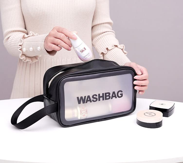Luxula Clear PVC Zipper Cosmetic Travel Bag with Hook - Waterproof Makeup Pouch & Toiletry Organizer for Women & Kids - Portable Wash Case for Bathroom, Gym, Camping (Medium, Black)