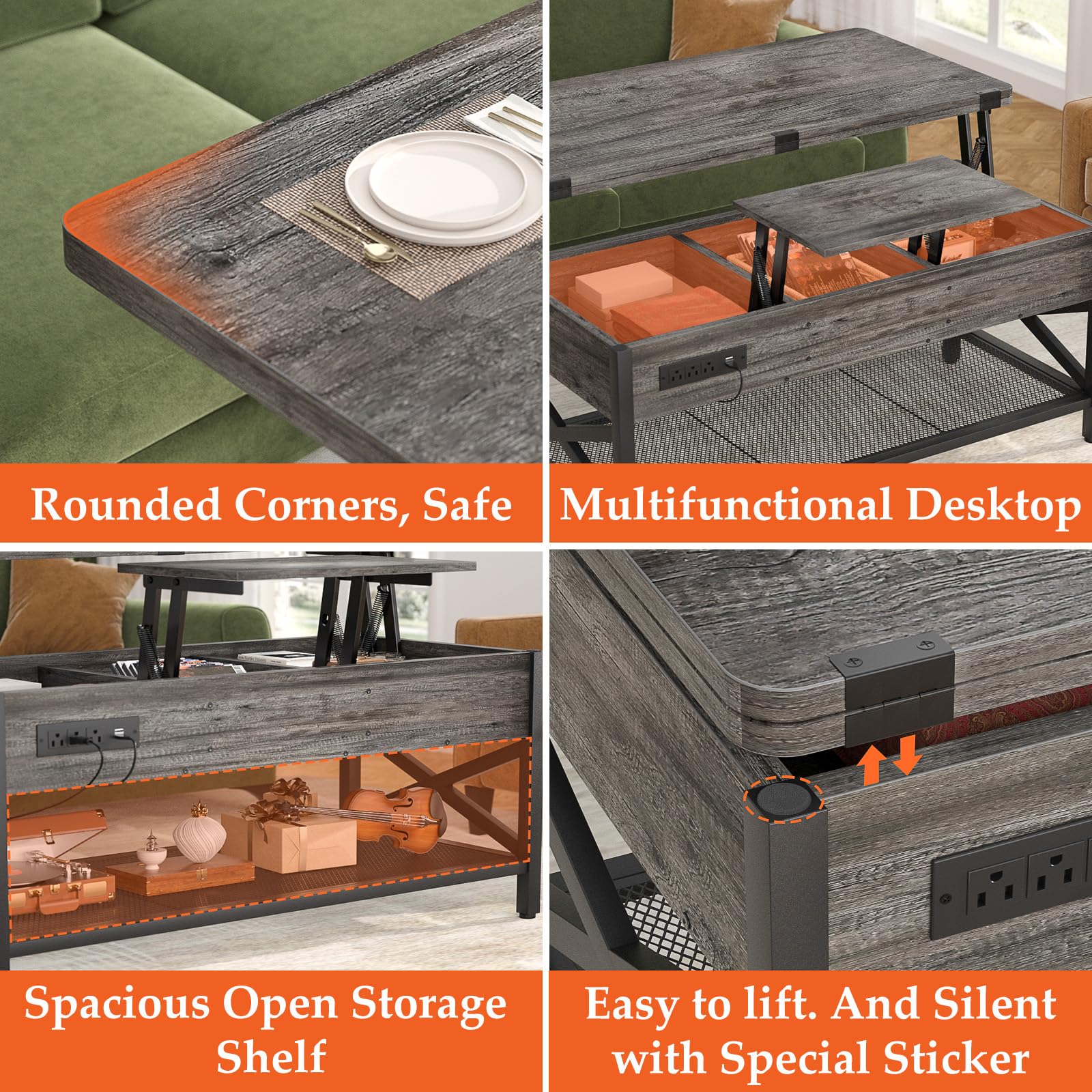 Aheaplus Lift Top Coffee Table with LED Light & Power Outlet - Convertible to Dining Table, Multi-Functional Center Table with Storage Shelves for Living Room, Home Office & Reception Areas - Black Oak Finish | Perfect for Small Space Living, Entertaining Guests & Remote Work Setup
