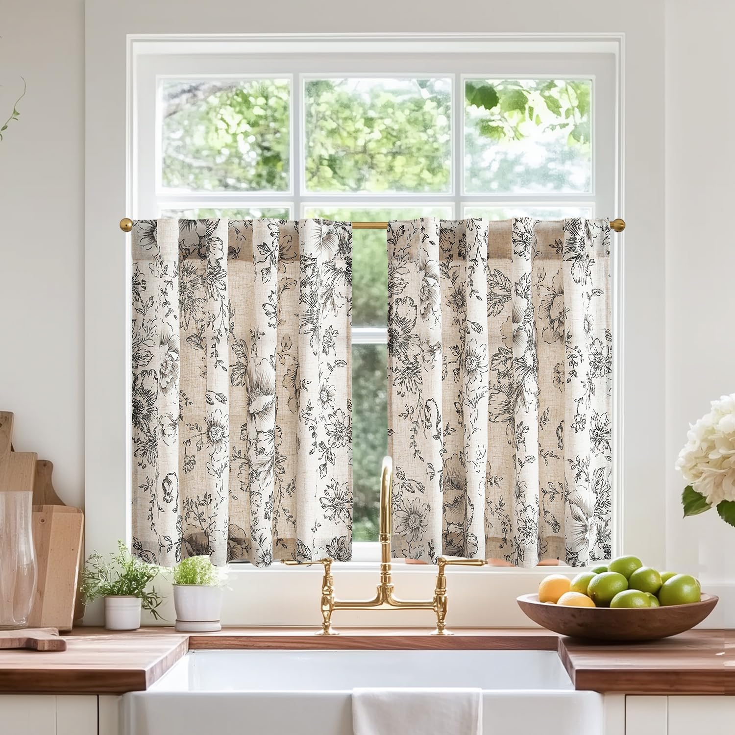 Jinchan Linen Floral Tier Curtains 24 Inch - Farmhouse Botanical Cafe Curtains with Light Filtering & Back Tab Design - Perfect for Small Windows in Kitchen, Living Room, Bathroom (Set of 2 Panels, Black) | Ideal for Farmhouse Decor, Coffee Shops & Cozy Home Spaces