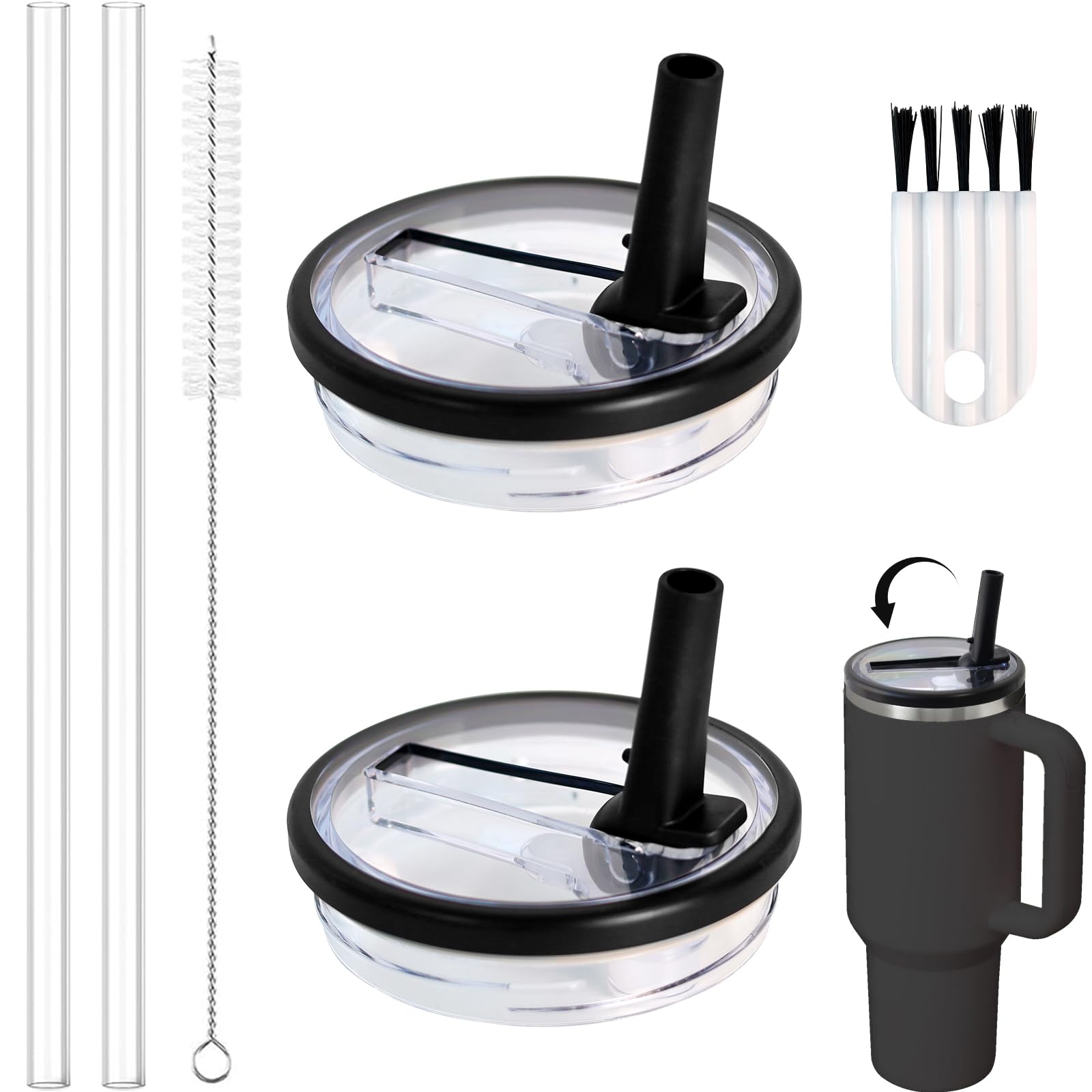 2 Pack 40oz Tumbler Flip Straw Lids - Leakproof Replacement Lids for Stanley Quencher Cups, Splash Resistant Travel Mug Covers with Straw & Cleaning Brush - Perfect for Stanley Cup Accessories (Black) - Ideal for Outdoor Activities, Gym, Office & Daily Hydration
