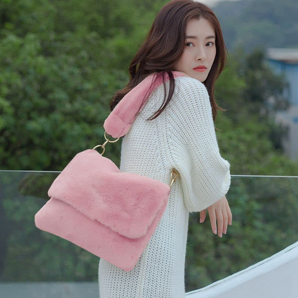 Women's Soft Faux Fur Shoulder Bag - Fuzzy Leopard Print Handbag, Plush Tote & Clutch Purse (Pink) | Stylish Winter Accessory for Casual Outings & Parties