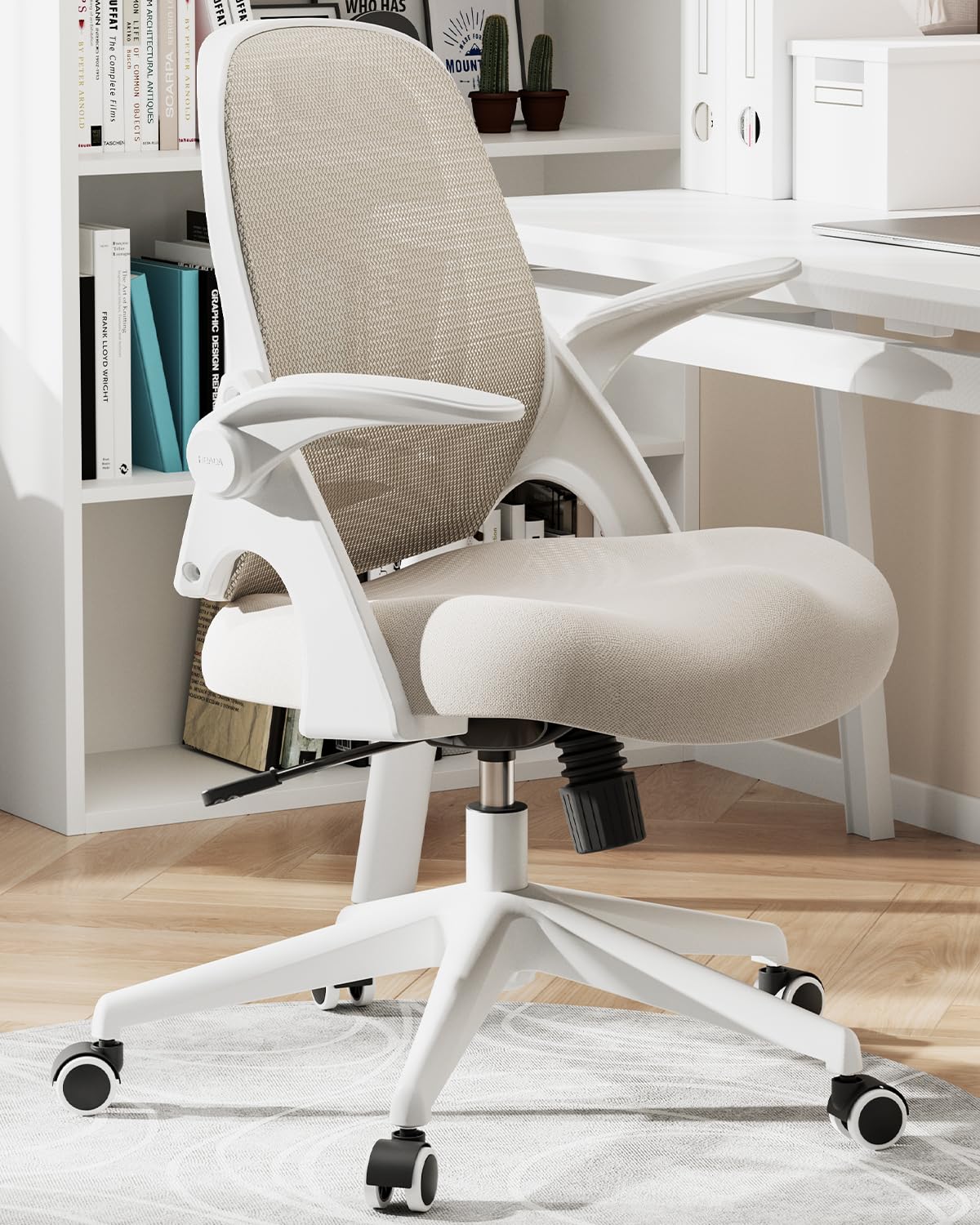 Hbada Ergonomic Office Chair with Flip-Up Armrests & Saddle Cushion - Adjustable Swivel Mesh Desk Chair with S-Shaped Backrest, Grey - Perfect for Home Office, Gaming & Workspace Comfort