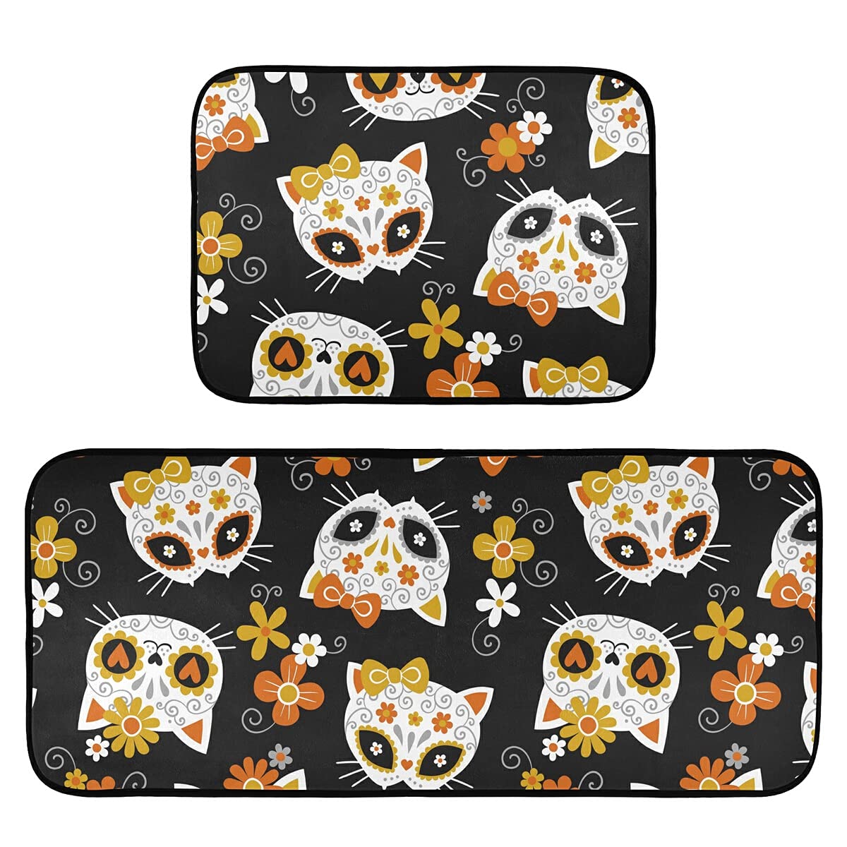 Non-Slip Washable Cat Skull & Flowers Kitchen Rugs Set of 2 - Vintage Gothic Home Decor Floor Mats for Sink, Laundry & Kitchen Safety