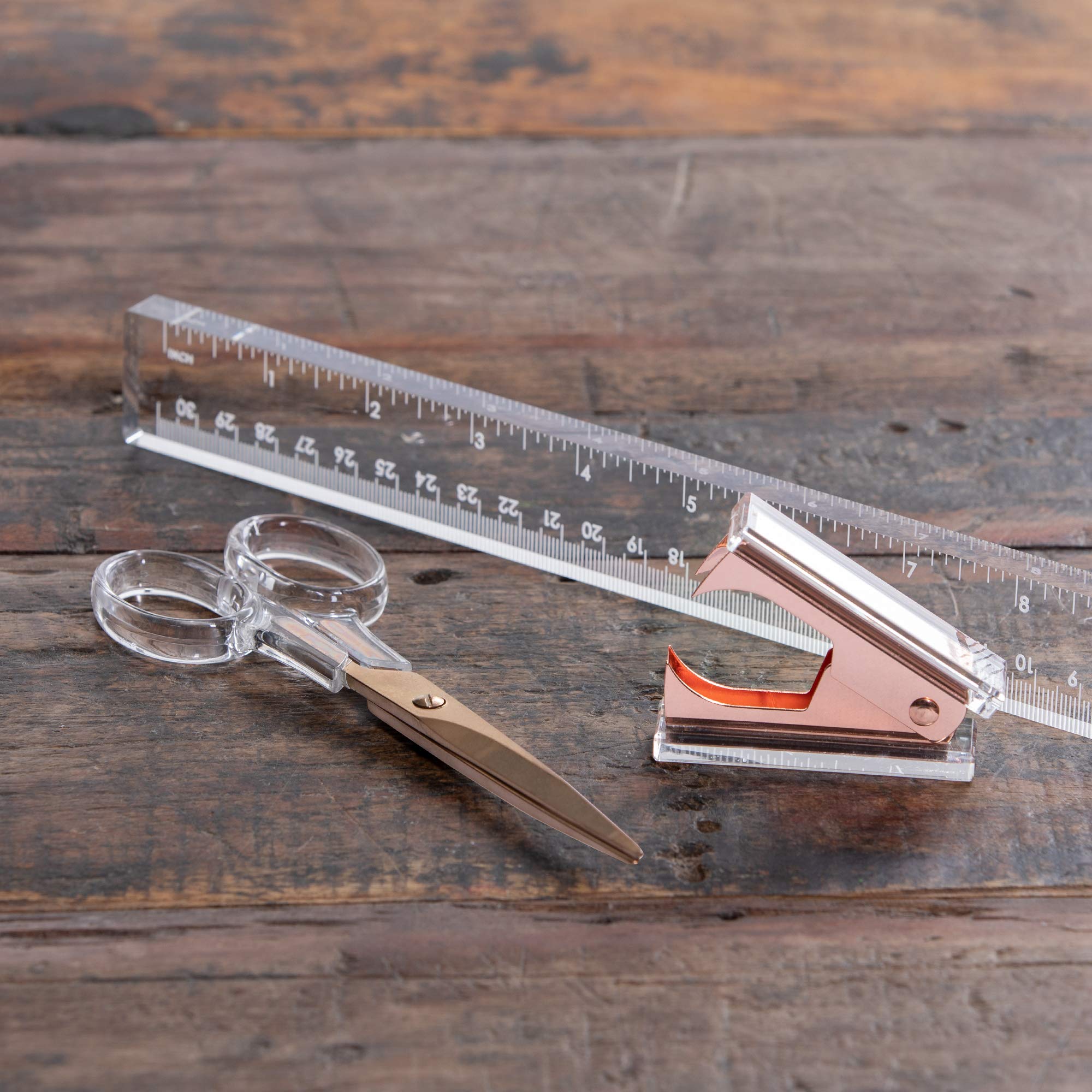 Rose Gold & Clear Acrylic Lucite Scissors, Staple Remover & Ruler Set - Premium Office Desk Accessories for Organizing, Crafting & Gift Giving - Stylish Stationery Supplies for Home Office, School & Workspace