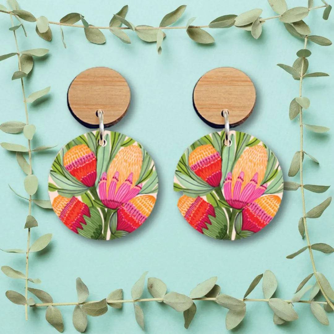 Handmade Protea Flower Wooden Earrings for Women - Boho Chic Dangle Earrings - Perfect for Festivals, Weddings & Everyday Wear