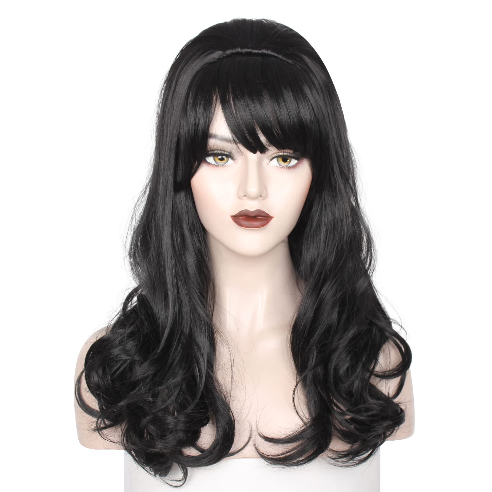 Long Wavy Black Wig for Women - Big Bouffant Beehive Drag Wig for 50s 80s Costume, Halloween Party & Vintage Updo Hairstyles - Perfect for Cosplay, Themed Events & Retro Fashion