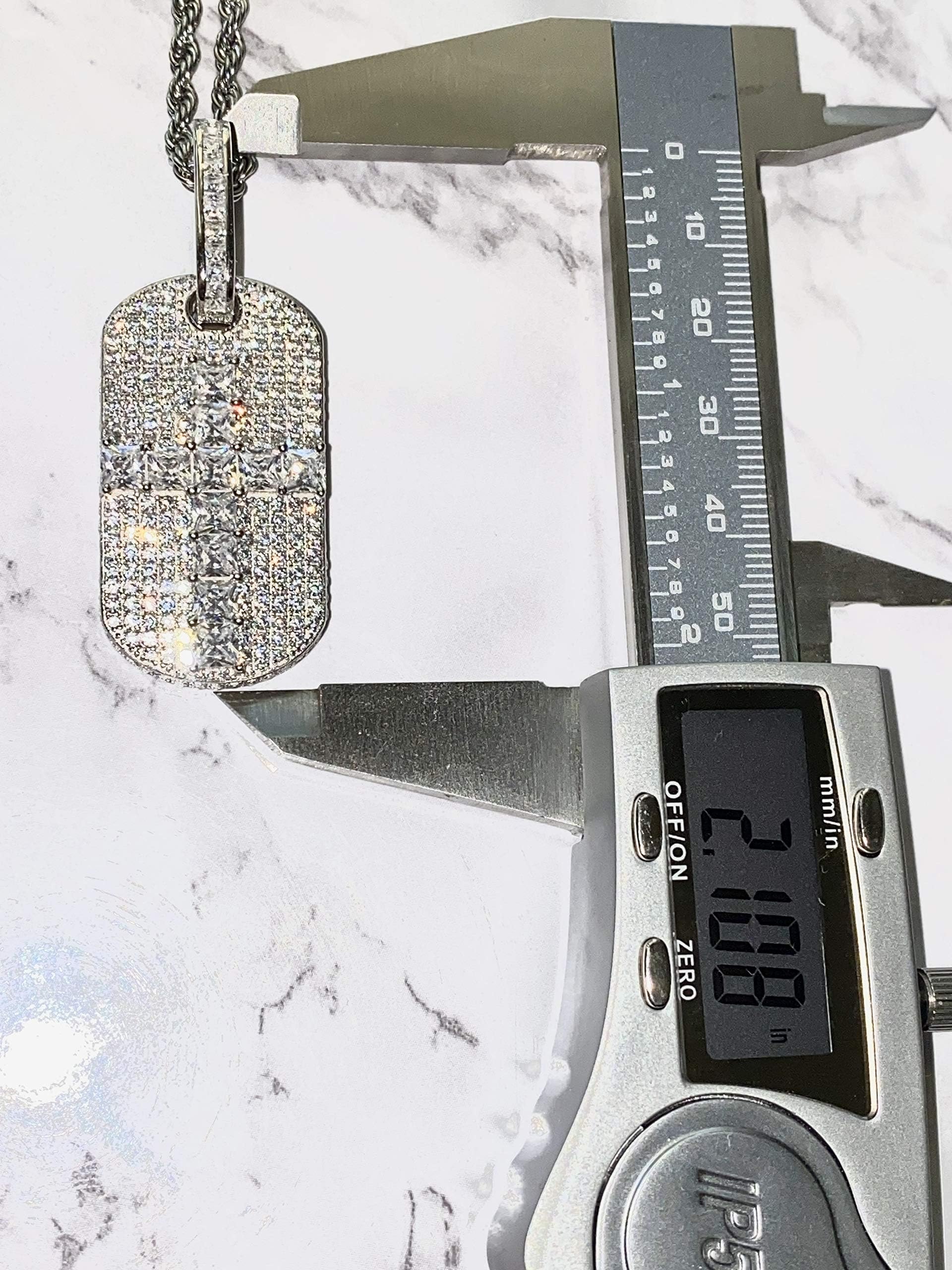 925 Sterling Silver Iced Out Dog Tag Pendant Necklace for Men & Women - 2mm Stainless Steel Rope Chain (16