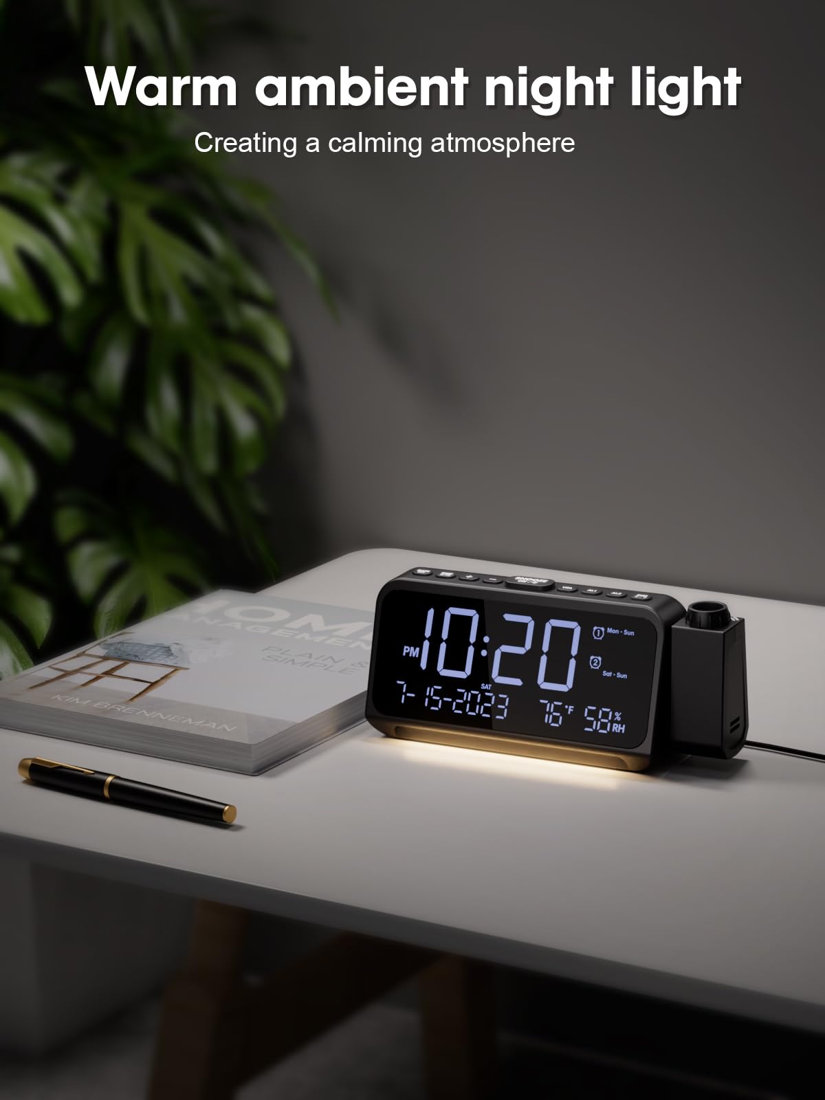 ROCAM Digital Projection Alarm Clock with 180° Ceiling/Wall Display - Dual Alarm, Temperature & Humidity Sensor, 2 USB Ports, Adjustable Brightness for Bedrooms | Perfect for Home, Office, Dorm Room with Weekday/Weekend Mode & Snooze Function