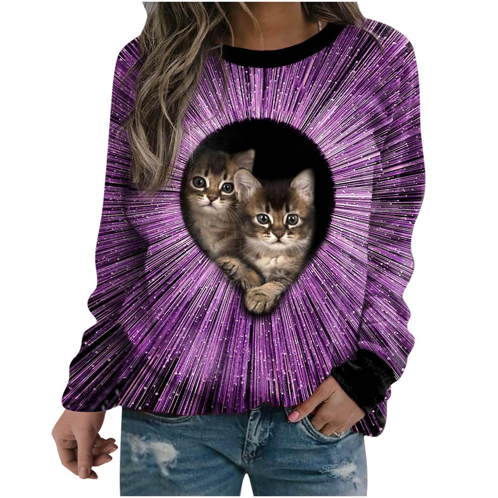 Wirziis Women's Cat Lovers Graphic T-Shirt - Long Sleeve Novelty Cat Print Crewneck Blouse - Spring Fashion Casual Loose Fit Top for Cat Lovers - Perfect for Casual Outings, Cat-Themed Parties & Everyday Wear
