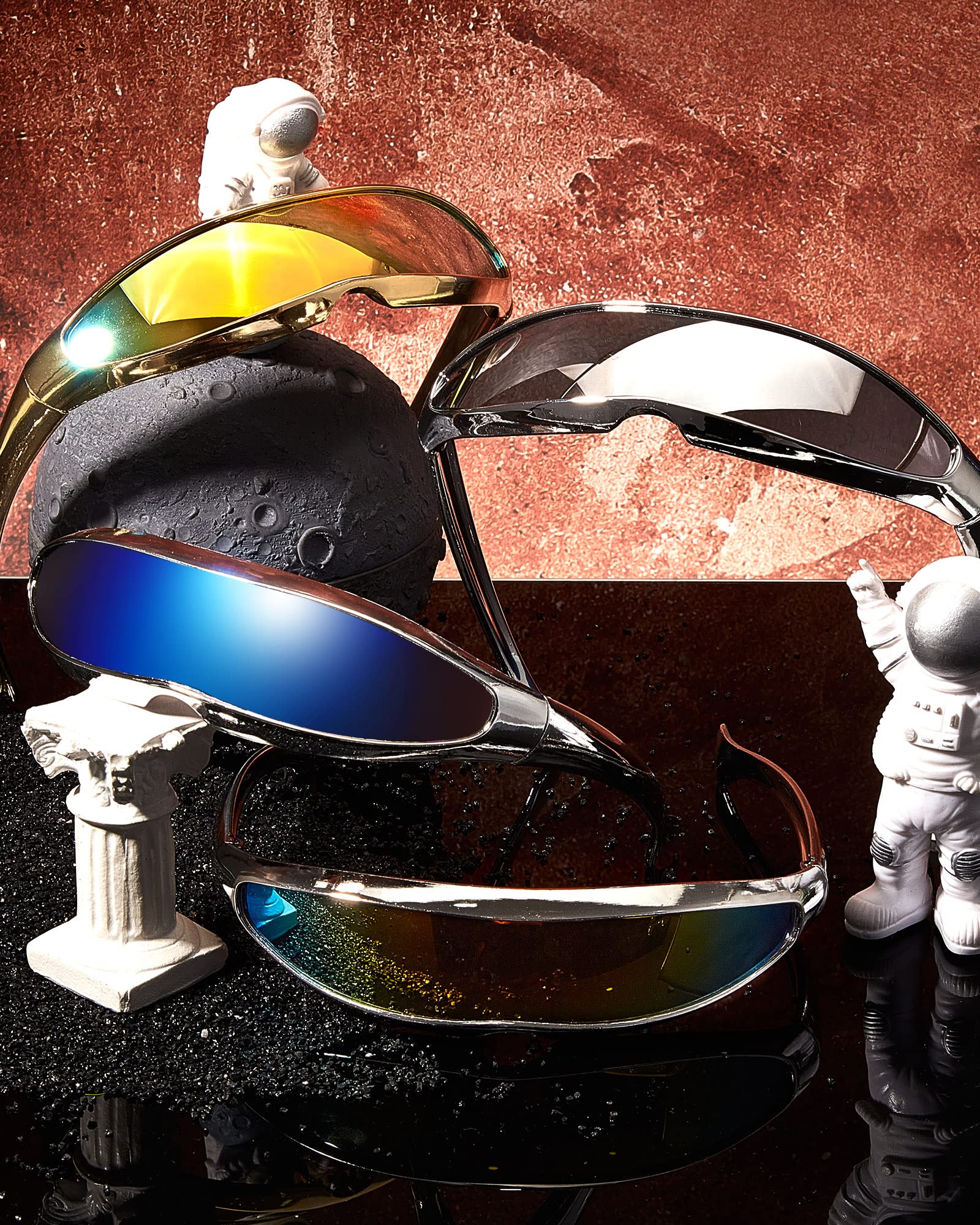 4 Pairs Futuristic Narrow Cyclops Sunglasses with Color Mirrored Lenses - Robot & Space Costume Accessories for Cosplay, Halloween, and Sci-Fi Events