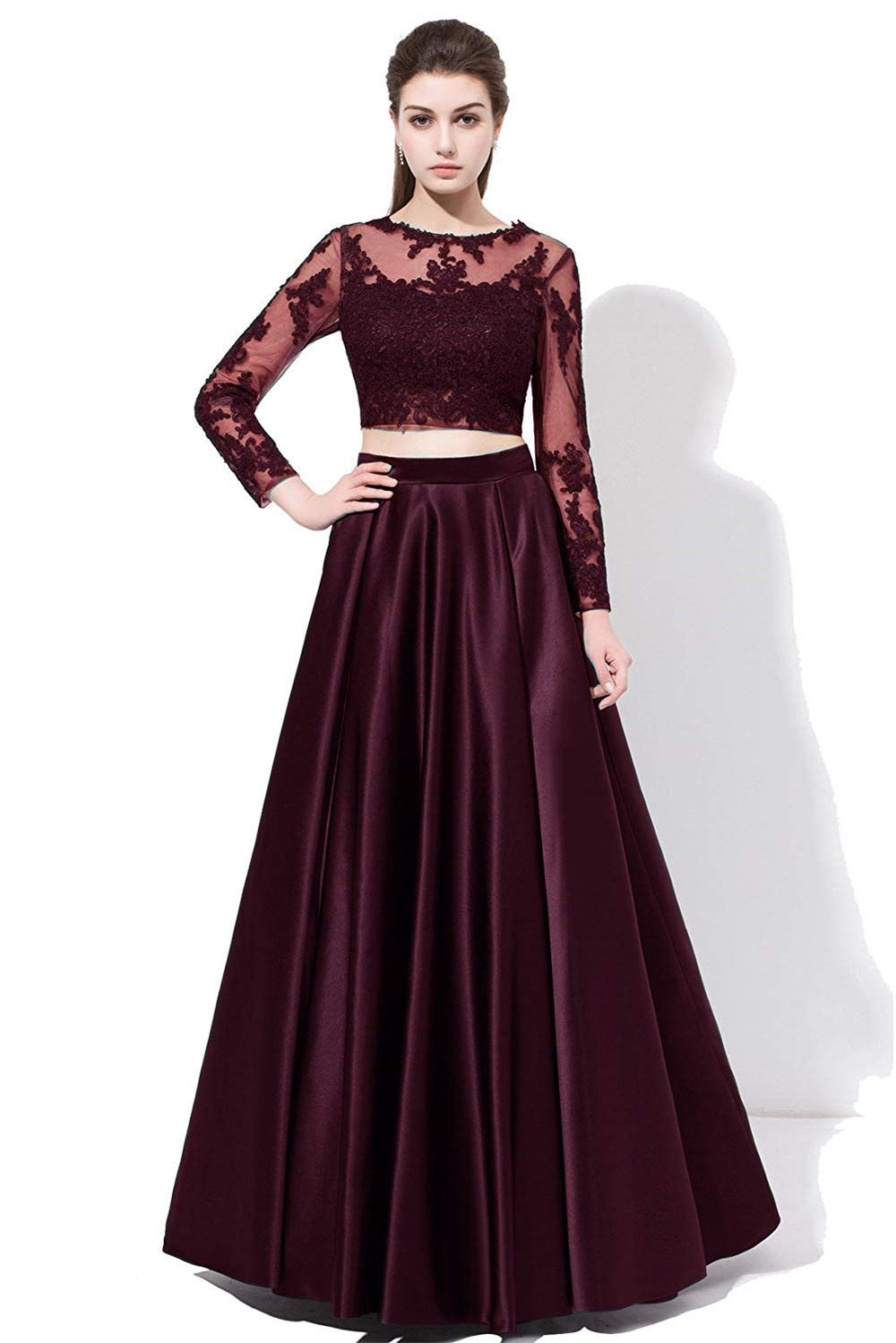 Liangjinsmkj Women's Elegant Long Sleeve Prom Dress Set - 2 Piece Lace & Satin Formal Evening Gown for Homecoming, Wedding Guest, Cocktail Party & Special Occasions