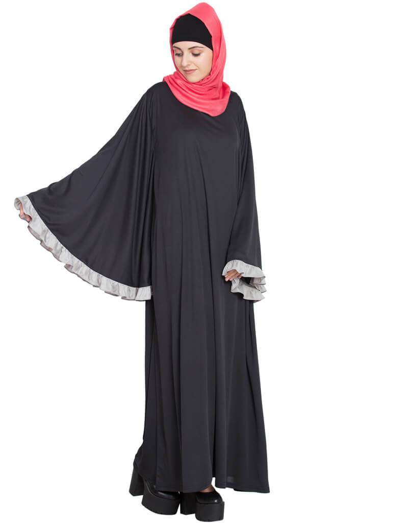 Elegant Arabic Butterfly Sleeve A-Line Casual Abaya Dress for Women - Grey Islamic Prayer Dress for Mosque, Eid & Everyday Wear