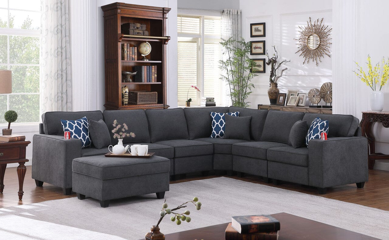 Gray Woven Fabric 7-Piece Reversible L-Shaped Sectional Sofa Set with Ottoman and Cup Holders - Modern Living Room Furniture for Home Theater & Family Gatherings