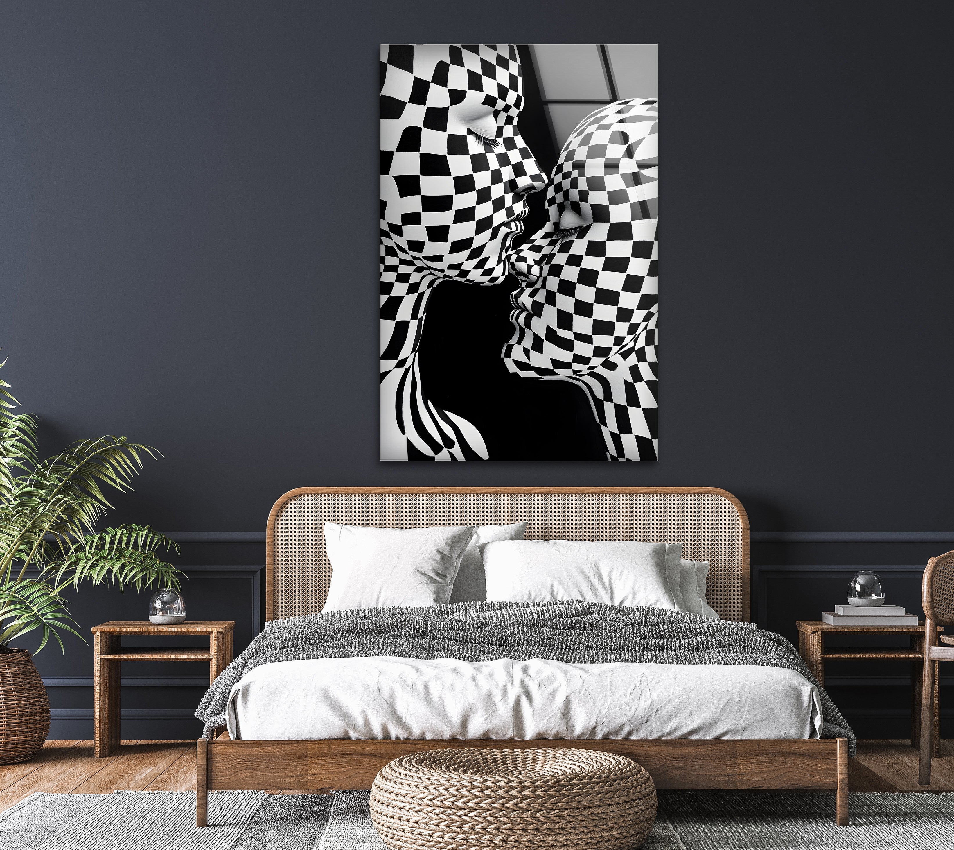 Black and White Kiss Wall Art - Modern Checkered Glass Decor for Living Room, Bedroom & Office - Perfect for Home & Office Décor
