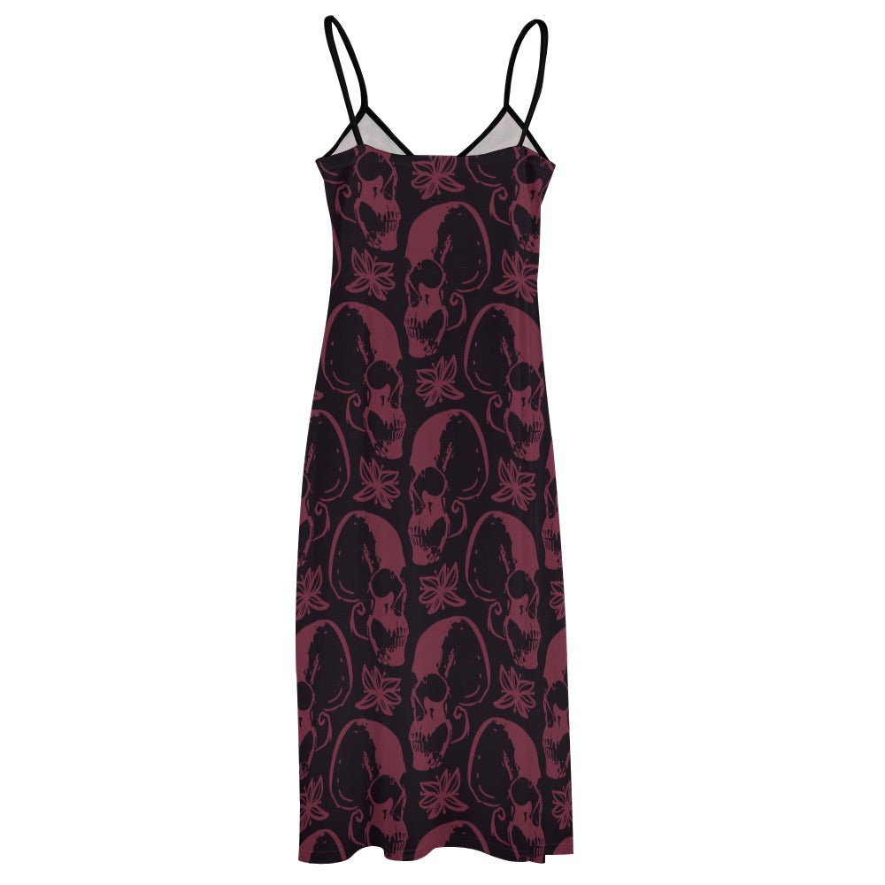 Gothic Purple Skull Print Sling Ankle-Length Dress for Women - Perfect for Halloween, Cosplay, and Alternative Fashion Outfits
